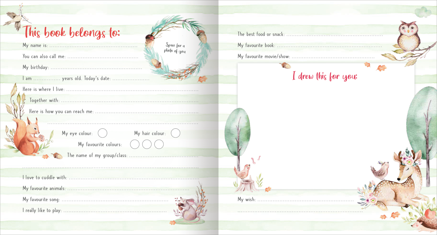 Gezeigt wird eine Innen- oder Zusatzansicht von „My First Friends – Watercolour Animals“. Die linke Seite enthält eine verspielte, handschriftliche Gestaltung mit Platz für persönliche Angaben, umrahmt von sanften, pastellfarbenen Illustrationen von Tieren. Der Hintergrund ist in einem hellen, gestreiften Muster gehalten. Die rechte Seite zeigt eine leere Fläche mit dem Text „I drew this for you“ in lebhafter roter Schrift. Das gesamte Design ist freundlich und einladend, ideal...