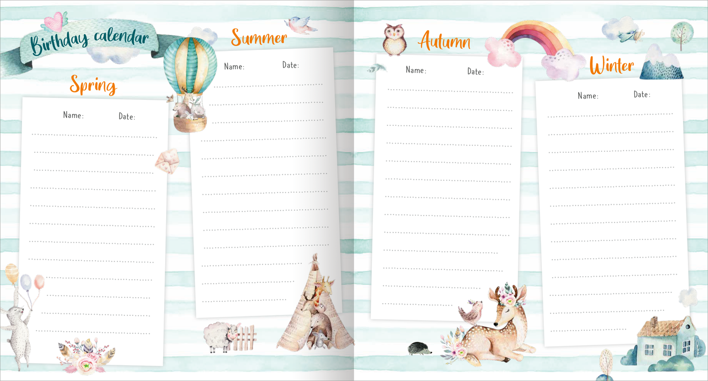 Gezeigt wird eine Innenansicht von „My First Friends – Watercolour Animals“. Die Seite ist in sanften, pastelligen Farben gestaltet, mit horizontalen Streifen in Hellblau und Weiß. In jeder der vier Jahreszeitenboxen – Frühling, Sommer, Herbst und Winter – befinden sich decorative Illustrationen von fröhlichen, wasserfarbenartigen Tieren. Die Überschriften sind in einer verspielten, orangefarbenen Schrift gehalten. Jeder Abschnitt bietet Platz für Namen und Daten, um wichtige...