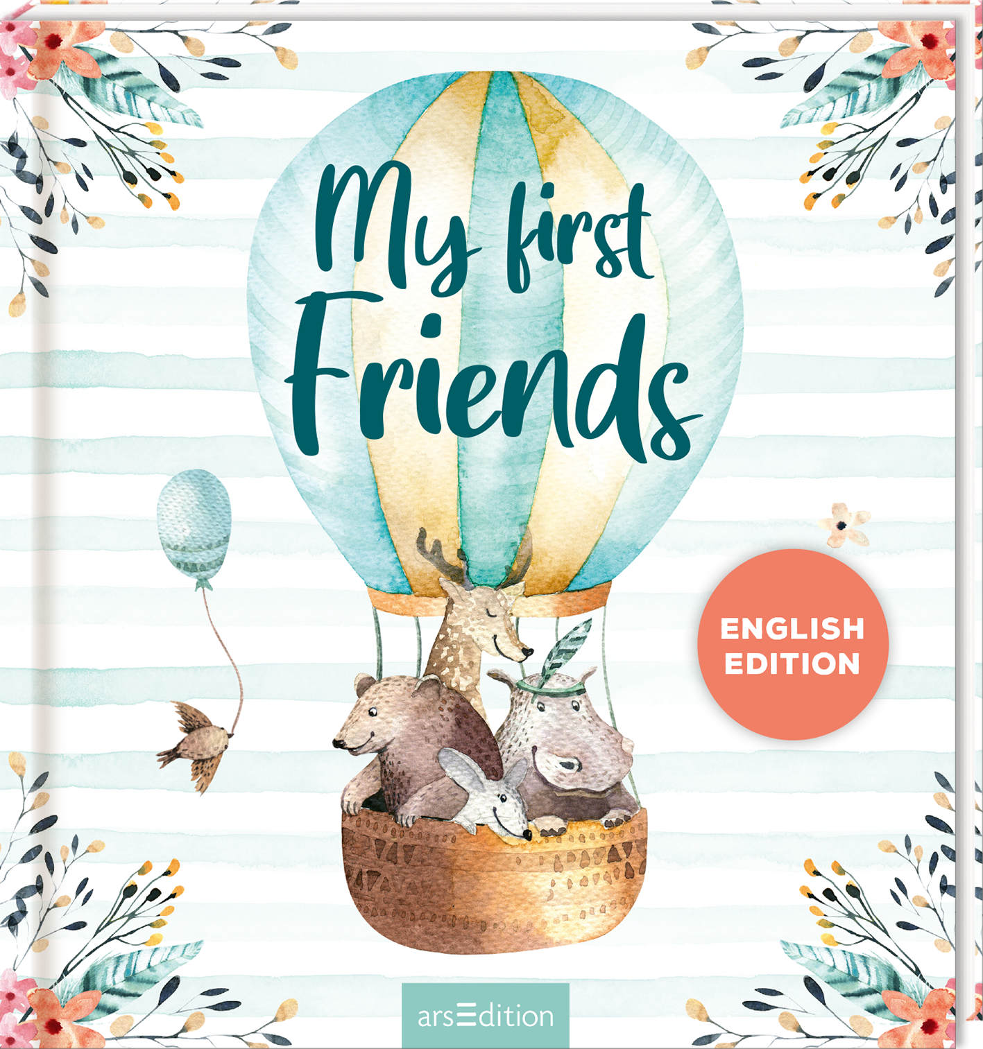 Auf dem Buchcover ist ein bunter Heißluftballon zu sehen, aus dem tierische Freunde – ein Bär, ein Hase und ein Maulwurf – glücklich herausschauen. Der Titel „My first Friends“ ist in lebhaftem Grün, verspielt und groß geschrieben. Die sanften, pastelligen Farben des Covers und die zarten floral motivierten Elemente verleihen eine freundliche und einladende Atmosphäre. In einer roten Ecke ist der Text „ENGLISH EDITION“ zu finden. Ganz unten mittig steht der Logoschriftzug von...