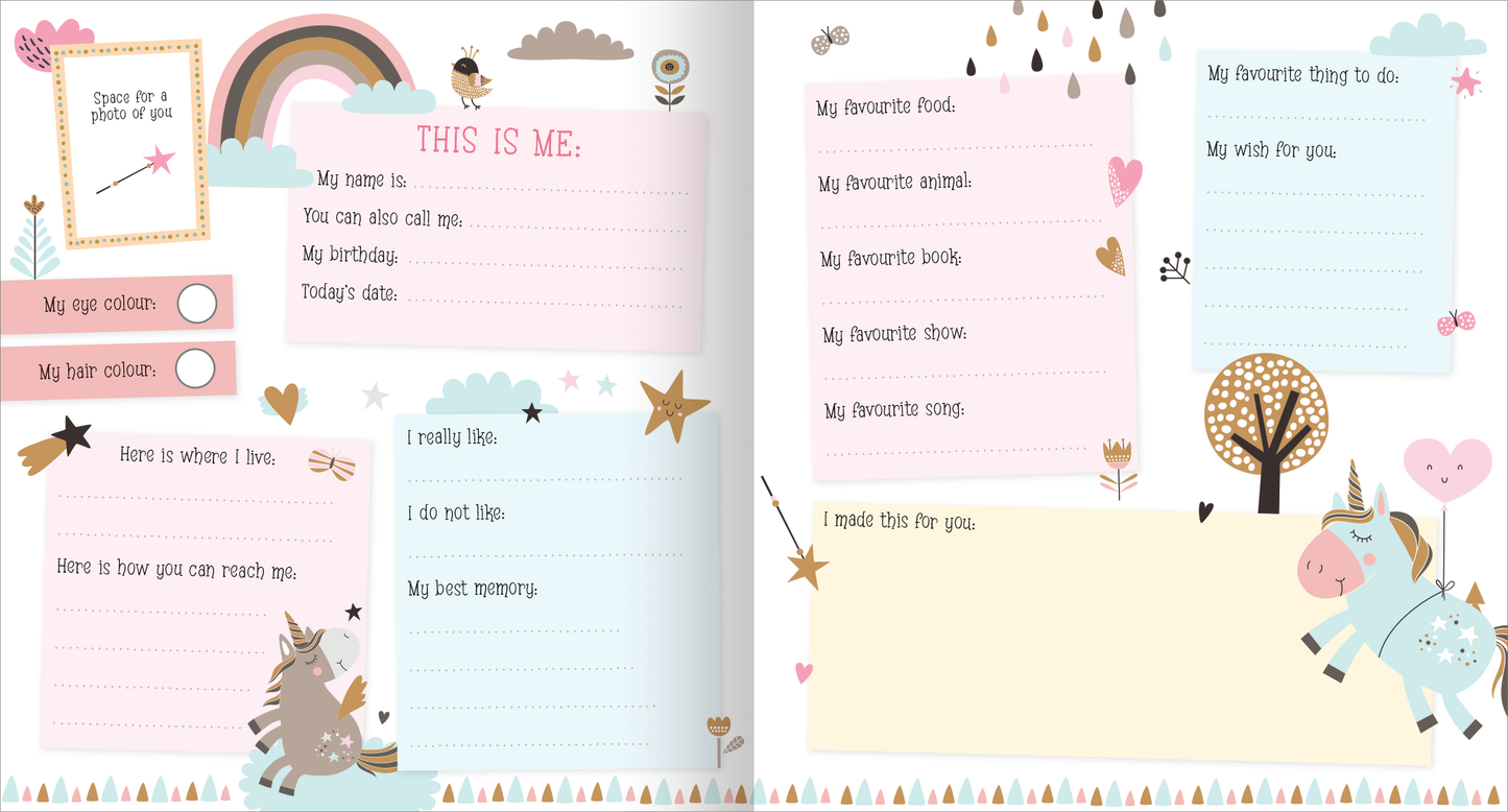 Gezeigt wird eine Innenansicht von „My Best Friends – Unicorn“. Die Seite enthält eine Vielzahl von bunten, verspielten Elementen, darunter ein Regenbogen und Illustrationen von Einhörnern. Die Farben sind hell und lebhaft, vorwiegend in Rosa, Blau und Gelb gehalten. Der Text ist in einer freundlichen, klaren Schriftart angeordnet, mit verschiedenen Abschnitten wie „Mein Name“, „Meine Lieblingstiere“ und „Ich mag nicht“. Verschnörkelte Sterne und kleine grafische Details...