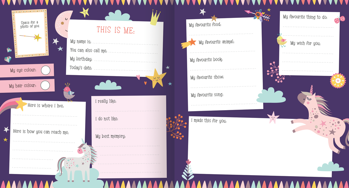 Gezeigt wird eine Innen- oder Zusatzansicht von „My Best Friends – Unicorn“. Die Seite ist in einem tiefen Lilaton gehalten und zeigt verspielte, bunte Elemente wie Sterne, Wolken und Einhörner. In verschiedenen Feldern sind Fragen und Platz für persönliche Informationen wie „Mein Name“ oder „Meine Lieblingstiere“ in klarer, einfacher Typografie angeordnet. Die Überschrift „THIS IS ME“ ist prominent in hellen Farben dargestellt, um die Aufmerksamkeit zu lenken.