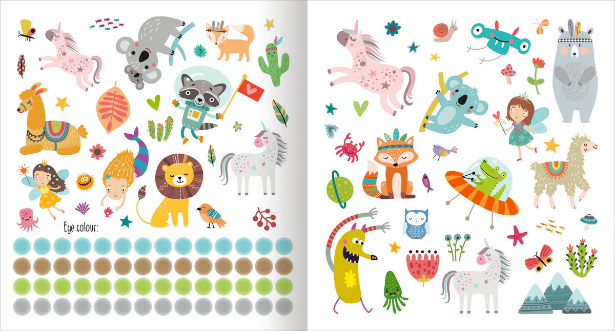 Gezeigt wird eine Innen- oder Zusatzansicht von „My Best Friends – Unicorn“. Die Seite enthält eine bunte Ansammlung von Illustrationen, darunter ein freundliches Einhorn, ein neugieriger Koala und ein fröhlicher Löwe. Die Farben sind lebhaft und vielfältig, mit sanften Pastelltönen und lebendigen Akzenten. Die Typografie ist klar und verspielt, mit einem Abschnitt zur Augenfarbe, der durch unterschiedlich gefärbte Punkte ergänzt wird.