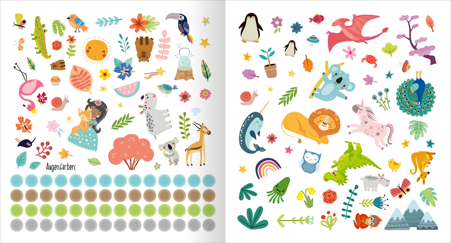 Gezeigt wird eine Innenansicht von „Alle meine Freunde – Dschungel | Mit über 300 Stickern“. Die Darstellung enthält eine Vielzahl von bunten, verspielten Illustrationen, darunter Tiere wie Löwen, Koalas und Vögel sowie Blumen und Pflanzen. Der Hintergrund bleibt hell, um die bunten Farben und Motive hervorzuheben. Am unteren Rand sind Kreise in verschiedenen Farben angeordnet, die als Aufkleber für die Augenfarbe genutzt werden können.