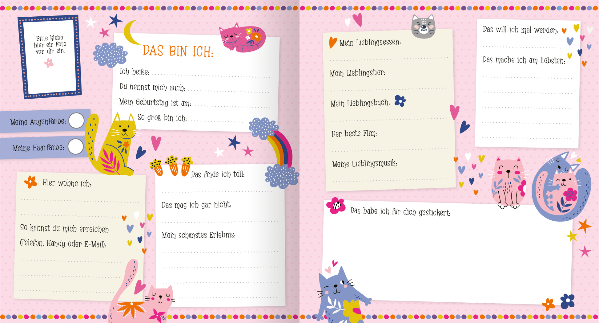 Gezeigt wird eine Innen- oder Zusatzansicht von „Alle meine Freunde – Katzen | Mit über 300 Stickern“. Die Doppelseite ist in sanften Pastellfarben gehalten, vorwiegend in Rosa und Hellblau, mit bunten, cartoonhaften Katzenillustrationen und bunten Blumen. Auf der linken Seite befindet sich der Abschnitt „DAS BIN ICH“ mit Platz für persönliche Angaben. Die Typografie ist verspielt und gut lesbar, ergänzt durch dekorative Elemente wie Sterne und Herzen. Auf der rechten Seite sind...