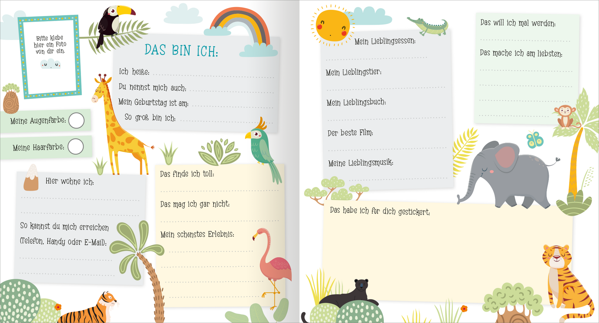 Gezeigt wird eine Innen- oder Zusatzansicht von „Alle meine Freunde – Katzen | Mit über 300 Stickern“. Die Doppelseite präsentiert eine bunte und fantasievolle Gestaltung mit Tieren wie Giraffen, Elefanten und Vögeln. Auf der linken Seite sind ausgefüllte Felder zum Eintragen persönlicher Daten in leichten Pastellfarben zu sehen, während die rechte Seite Platz für individuelle Notizen bietet. Die kindgerechte Schriftart ist freundlich und gut lesbar, um die Interaktion zu fördern....