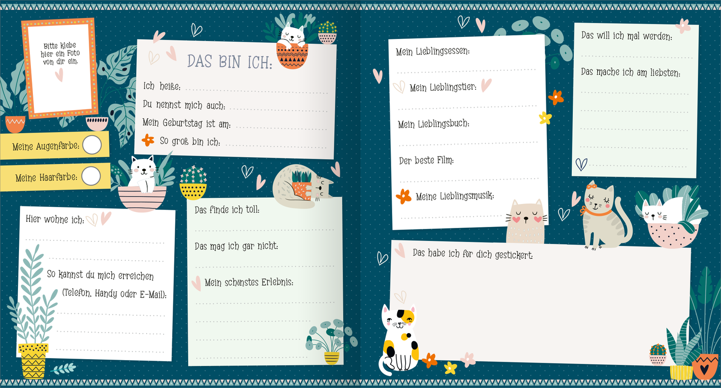 Gezeigt wird eine Innen- oder Zusatzansicht von „Alle meine Freunde – Katzen | Mit über 300 Stickern“. Die Seite hat einen tiefblauen Hintergrund, geschmückt mit bunten Pflanzenmotiven und niedlichen Katzenillustrationen. In den oberen Ecken befinden sich zwei Kästchen für persönliche Angaben. Mittig sind mehrere Schreibfelder für Informationen wie Lieblingsessen und Hobbys angeordnet, umrahmt von verspielten Linien. Die Schrift ist freundlich und gut lesbar, während die Farben...