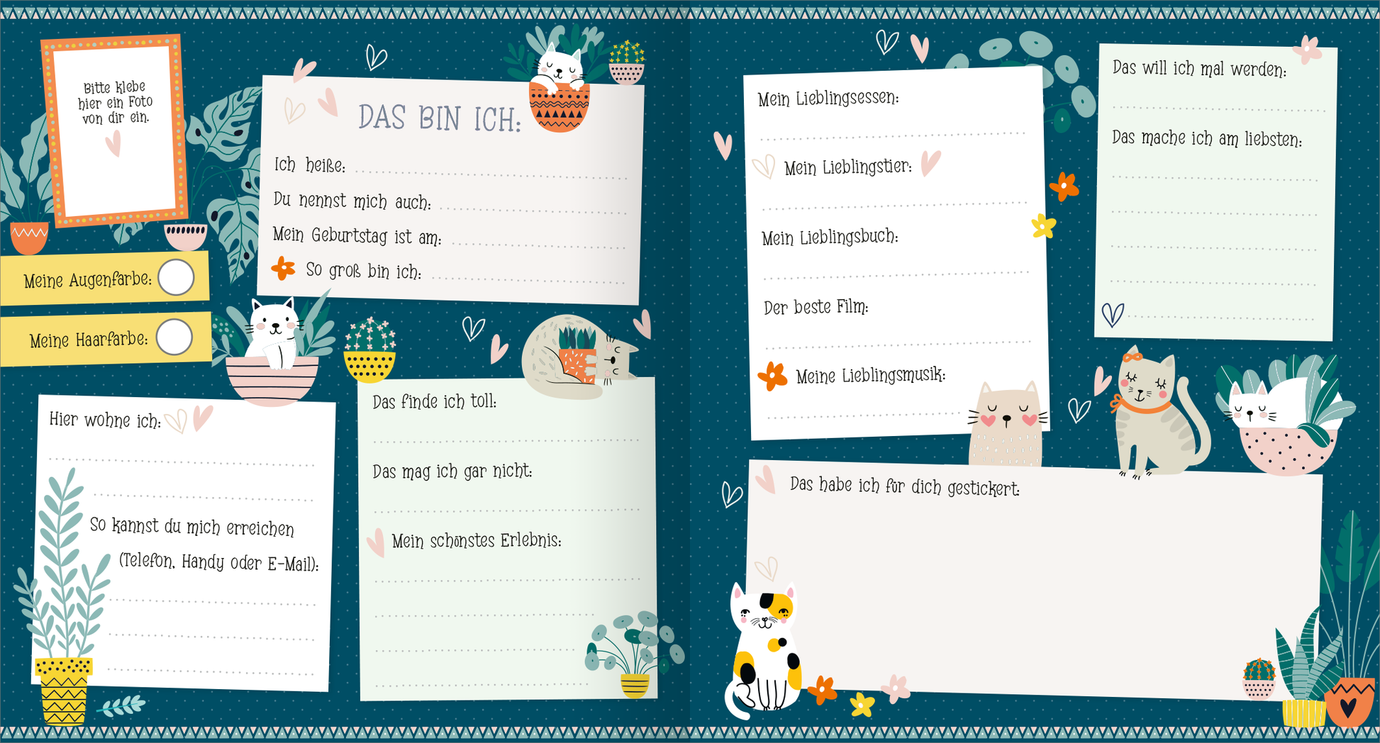 Gezeigt wird eine Innen- oder Zusatzansicht von „Alle meine Freunde – Katzen | Mit über 300 Stickern“. Die Seite hat einen tiefblauen Hintergrund, geschmückt mit bunten Pflanzenmotiven und niedlichen Katzenillustrationen. In den oberen Ecken befinden sich zwei Kästchen für persönliche Angaben. Mittig sind mehrere Schreibfelder für Informationen wie Lieblingsessen und Hobbys angeordnet, umrahmt von verspielten Linien. Die Schrift ist freundlich und gut lesbar, während die Farben...