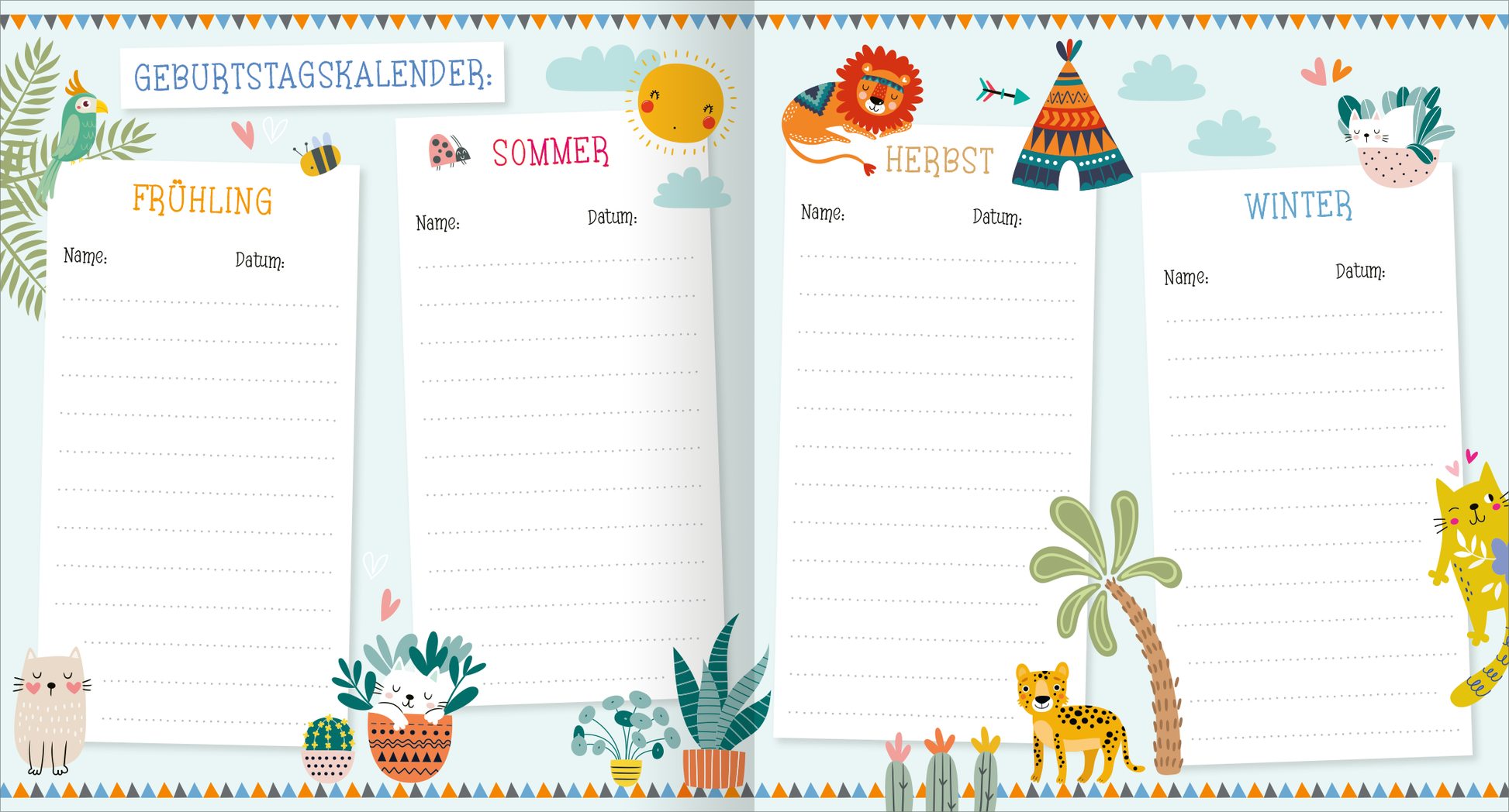 Gezeigt wird eine Innenansicht von „Alle meine Freunde – Katzen | Mit über 300 Stickern“. Die Seite zeigt einen Geburtstagskalender, unterteilt in vier Jahreszeiten: Frühling, Sommer, Herbst und Winter. Jede Sektion enthält leere Linien für Namen und Daten. Bunte Illustrationen von Katzen, Pflanzen und weiteren Tieren umrahmen den Text. Die Farben sind hell und freundlich, mit sanften Pastelltönen. Die Schrift ist klar und kinderfreundlich gestaltet, um die Lesbarkeit zu erleichtern.