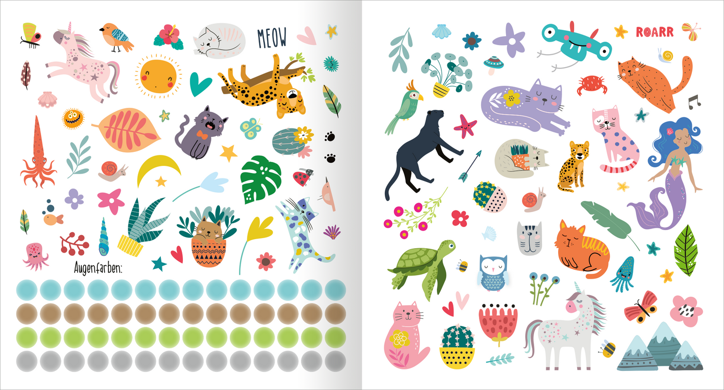 Gezeigt wird eine Innen- oder Zusatzansicht von „Alle meine Freunde – Katzen | Mit über 300 Stickern“. Die Seite enthält bunte Illustrationen von Tieren, Pflanzen und verschiedenen Stickerelementen. Dominierende Farben sind weich und pastell, darunter Blau, Pink, Gelb und Grün. Die Tiermotive umfassen Katzen, Hunde und Fabelwesen, während die Schriftzüge „MEOW“ und „ROARR“ verspielt angeordnet sind. Am unteren Rand sind farbige Kreise in verschiedenen Grüntönen, die zur...