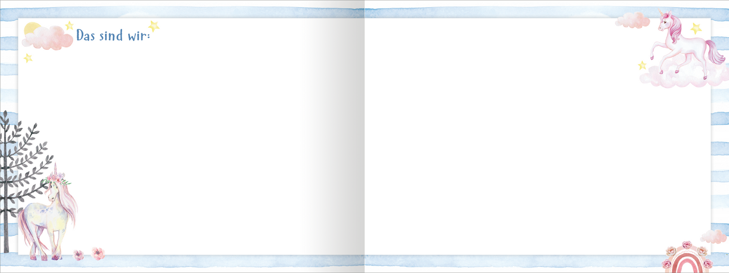 Gezeigt wird eine Innenansicht von „Alle meine Freunde – Einhorn“. Die Doppelseite ist sanft in Pastellfarben gehalten, mit einem hellblauen, gestreiften Rand. Oben links steht in blauer Schrift „Das sind wir“. Zwei Einhörner sind liebevoll gestaltet: eines auf der linken Seite und eines auf Wolken rechts. Die leichten Illustrationen und der großzügige Platz auf der Seite laden zum kreativen Schreiben und Zeichnen ein.