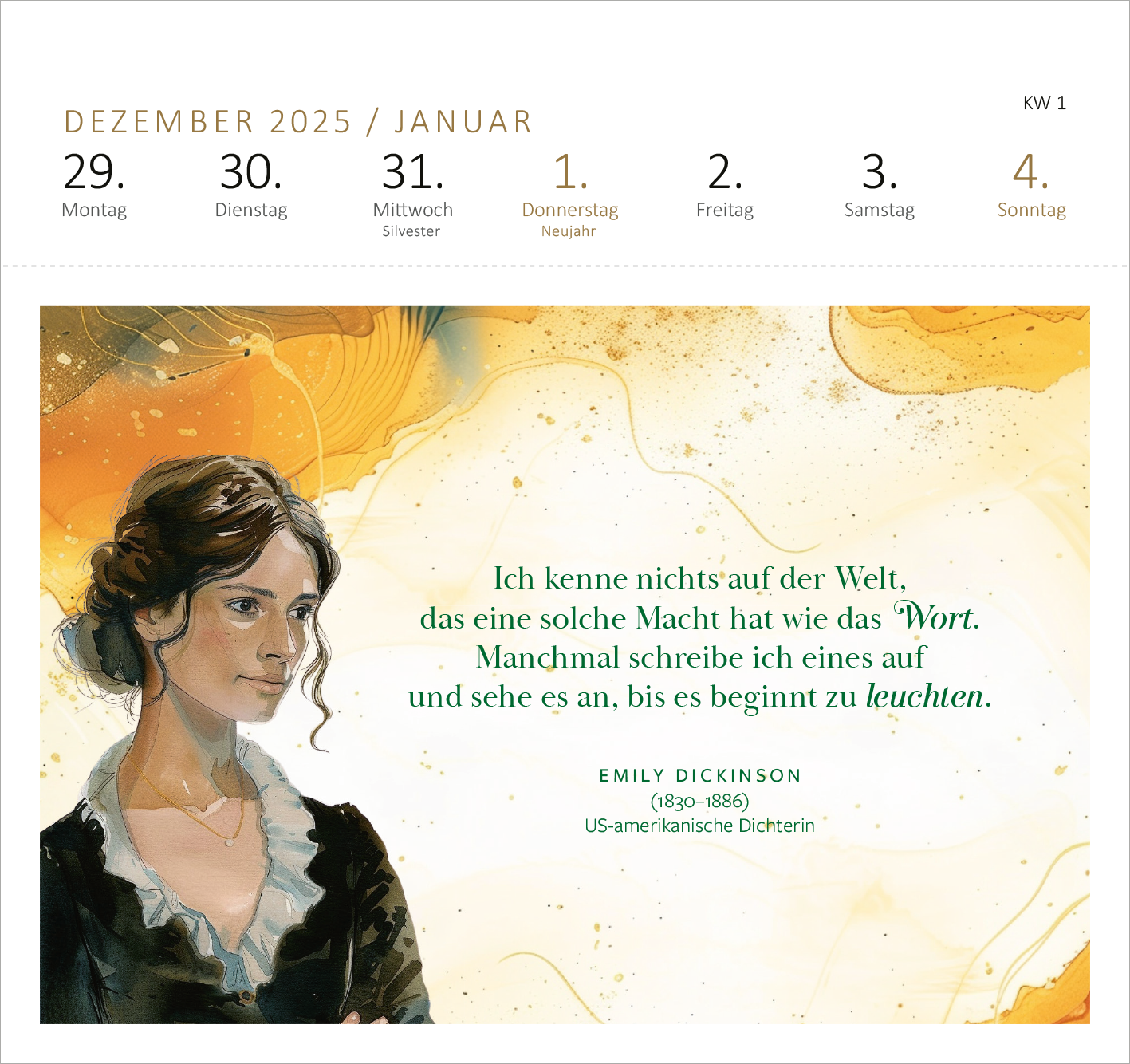 Gezeigt wird eine Innen- oder Zusatzansicht von „Postkartenkalender Der Literaturkalender 2026“. Die Darstellung zeigt eine künstlerische Illustration einer jungen Frau mit langen, lockigen Haaren, die in einem klassischen, dunklen Outfit gekleidet ist. Im Hintergrund befindet sich eine sanfte, farbenfrohe Abstraktion. Der Text ist in einer eleganten Schrift gehalten und zitiert Emily Dickinson: „Ich kenne nichts auf der Welt, das eine solche Macht hat wie das Wort.“ Die Farben sind...