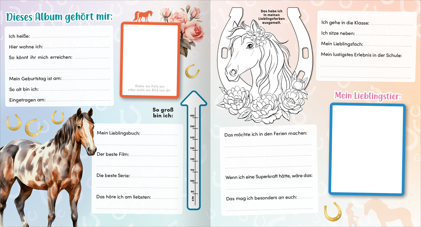 Gezeigt wird eine Innen- oder Zusatzansicht von „Meine Schulfreunde – Pferde“. Das Layout enthält bunte Illustrationen eines Pferdes und floraler Elemente. Der Hintergrund ist in sanften Pastellfarben gehalten. Verschiedene rechteckige Felder, in orange und blau, laden zum Ausfüllen ein. Darüber hinaus findet sich ein Platz zum Ausmalen eines Pferdes im Zentrum, sowie eine skalierten Übersicht zur Größenangabe. Die Schrift ist kindgerecht und gut lesbar, die Gestaltung ansprechend...