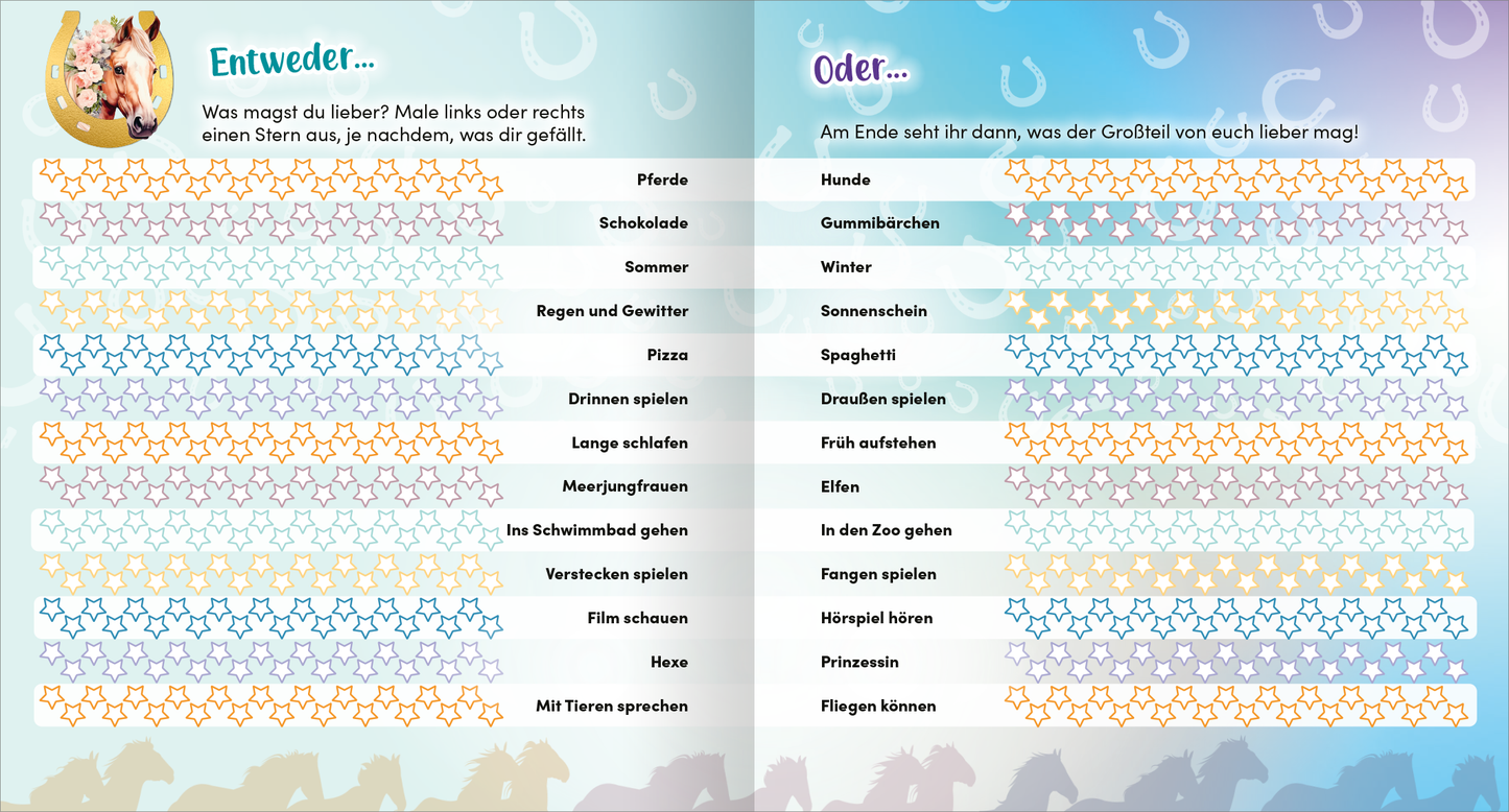 Gezeigt wird eine Innen- oder Zusatzansicht von „Meine Schulfreunde – Pferde“. Die Doppelseite ist in sanften Blau- und Pastelltönen gehalten, verziert mit bunten Symbolen von Sternen und Hufeisen. Links befindet sich eine Liste mit verschiedenen Aktivitäten, die in ansprechender, verspielter Schriftart präsentiert werden. Die Optionen sind durch leuchtende, schwach gefärbte Hintergründe voneinander abgehoben. Rechts findet sich eine ähnliche Liste, die ergänzt wird durch einen...