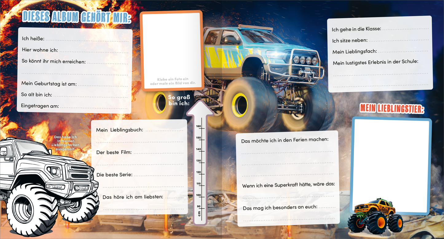 Gezeigt wird eine Innen- oder Zusatzansicht von „Meine Schulfreunde – Monstertruck“. Auf der Seite sind verschiedene Platzhalter für persönliche Informationen in knalligen Farben angeordnet. Ein großer Monstertruck dominiert die Illustration, umgeben von Flammen. Die Schrift ist spielerisch und gut lesbar. Auf der linken Seite sind Fragen zu Lieblingsbüchern, Filmen und Serien, während auf der rechten Seite Platz für eigene Gedanken ist.