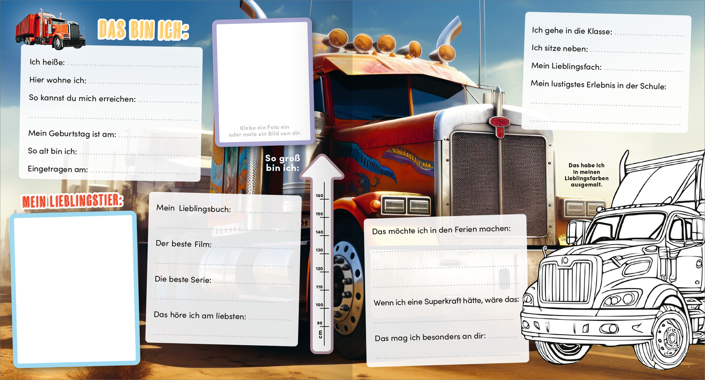 Gezeigt wird eine Innen- oder Zusatzansicht von „Meine Schulfreunde – Monstertruck“. Die Seite zeigt einen bunten, illustrativen Hintergrund mit einem großen, grafisch gestalteten Monstertruck in lebendigen Farben. Auf der linken Seite befinden sich leere Textfelder für persönliche Angaben wie Name, Wohnort und Lieblingsthemen. Rechts sind Fragen und ergänzende Felder zum Ausfüllen über Lieblingsbücher, Filme und Urlaubspläne angeordnet. Die Schrift ist gut lesbar und in einer...
