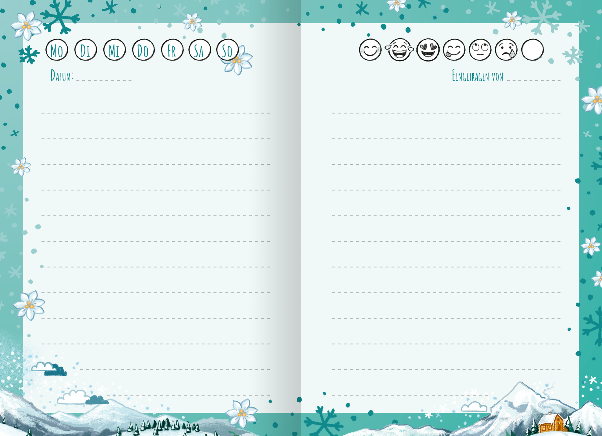 Gezeigt wird eine Innenansicht von „Wir sind die Besten! Das schönste Freundinnen-Tagebuch ever“. Die Doppelseite ist in sanften Blautönen gehalten, umrahmt von zarten weißen Blumen und Schneeflocken. Oben sind Wochentage in runden, blauen Kästchen angeordnet. Rechts oben befindet sich der Titel „Eingetragen von“ in eleganter, blauer Schrift. Der Rest der Seite bietet Platz für handschriftliche Notizen, um persönliche Gedanken festzuhalten.