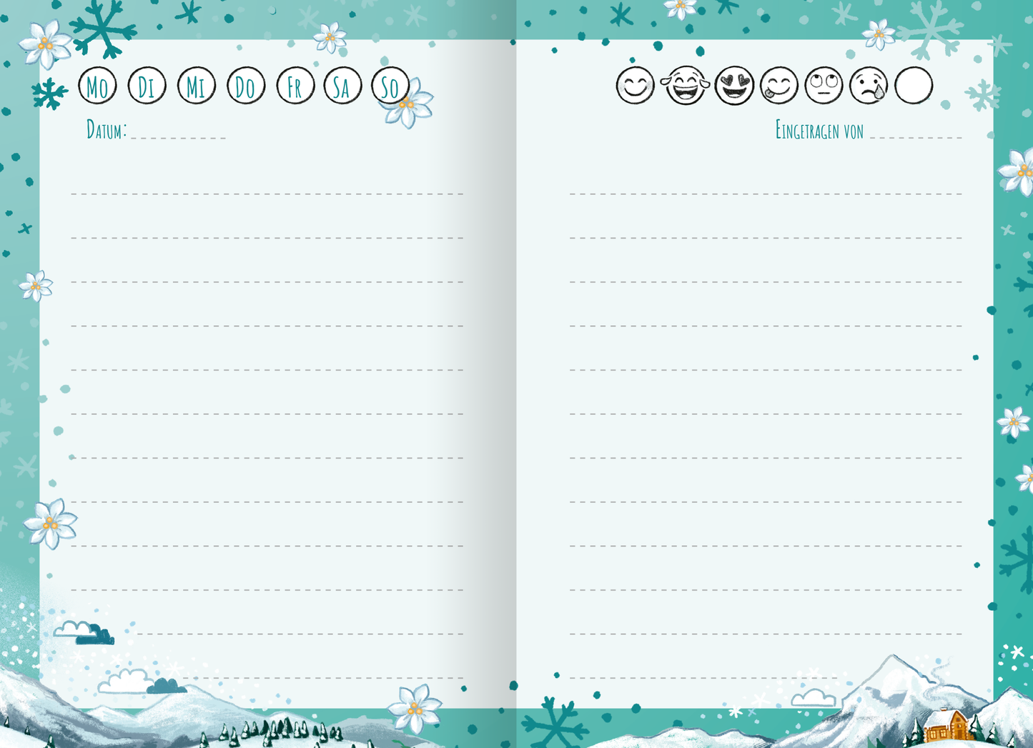Gezeigt wird eine Innenansicht von „Wir sind die Besten! Das schönste Freundinnen-Tagebuch ever“. Die Doppelseite ist in sanften Blautönen gehalten, umrahmt von zarten weißen Blumen und Schneeflocken. Oben sind Wochentage in runden, blauen Kästchen angeordnet. Rechts oben befindet sich der Titel „Eingetragen von“ in eleganter, blauer Schrift. Der Rest der Seite bietet Platz für handschriftliche Notizen, um persönliche Gedanken festzuhalten.
