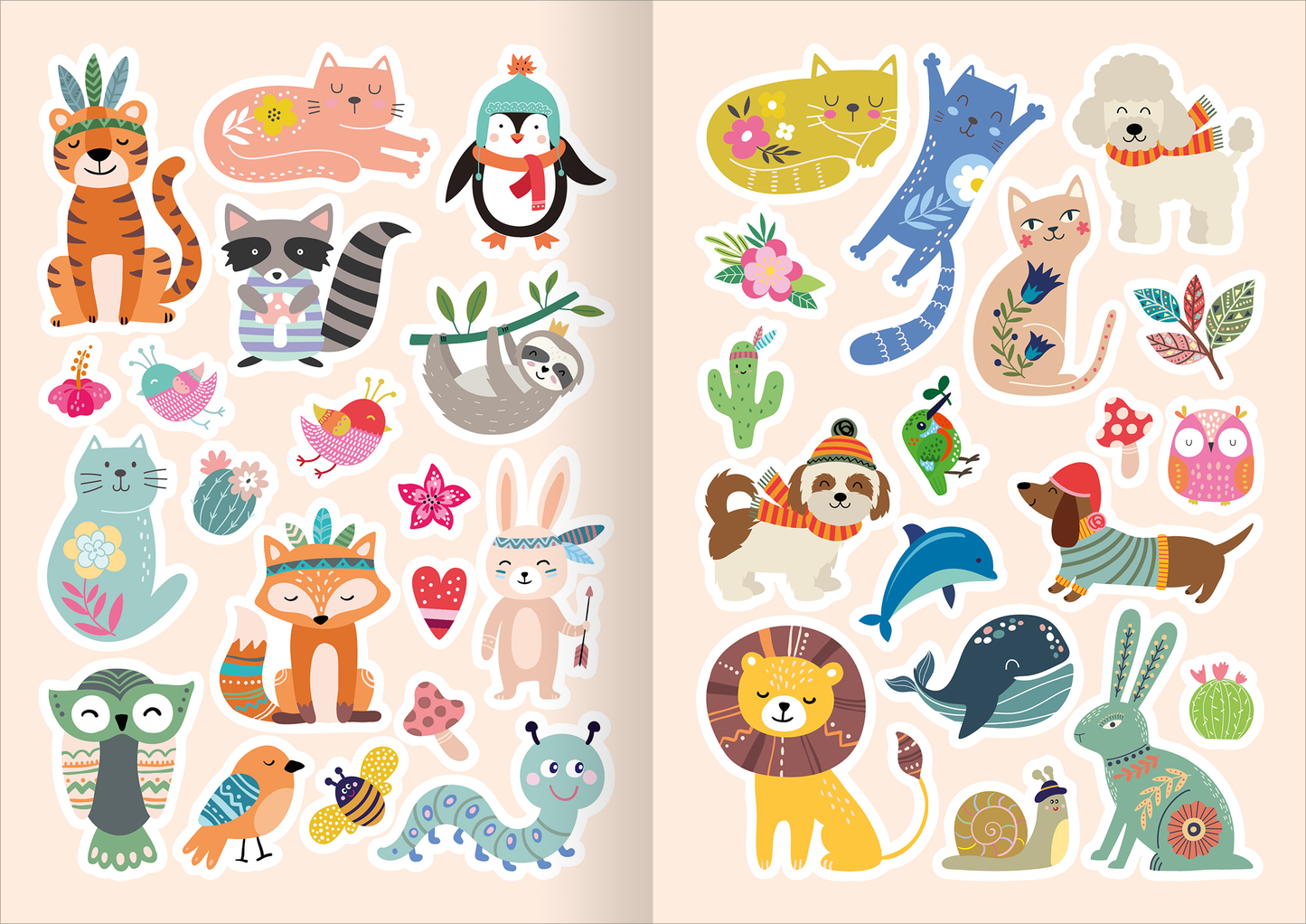 Gezeigt wird eine Innen- oder Zusatzansicht von „Diamant-Stickerspaß Tiere“. Die Abbildung zeigt eine Vielzahl von bunten Tieren und Pflanzen, darunter eine Tigerkatze, einen Pinguin, eine Eule und einen löwenförmigen Sticker. Die Illustrationen sind in sanften Farben wie Blau, Gelb, Grün und Rosa gehalten, oft mit verspielten Mustern. Die Schriftzüge sind in einer fröhlichen, kindgerechten Typografie gestaltet, die die verspielte Thematik unterstreicht.