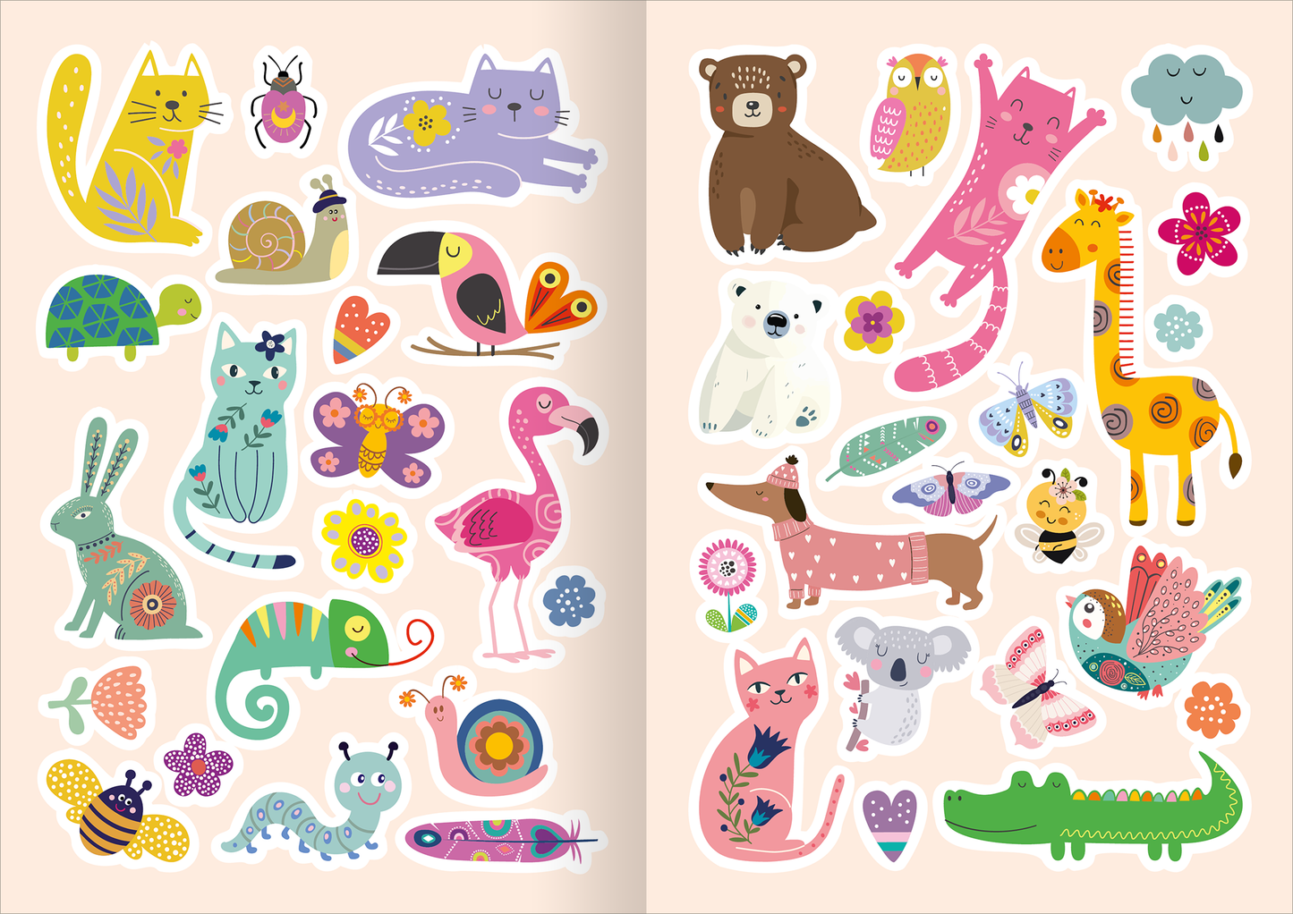 Gezeigt wird eine Innen- oder Zusatzansicht von „Diamant-Stickerspaß Tiere“. Die Abbildung zeigt bunte Tiersticker in einem verspielten Design, darunter Katzen, Hunde, Vögel und weitere Tiere. Die Farben sind lebhaft und vielfältig, darunter Rosa, Blau, Grün und Gelb. Die Typografie ist kindgerecht und fröhlich gestaltet, um eine ansprechende Atmosphäre zu schaffen. Die Sticker sind detailreich illustriert, mit Anspielungen auf die Tierwelt und natürlichen Elementen wie Blumen und...
