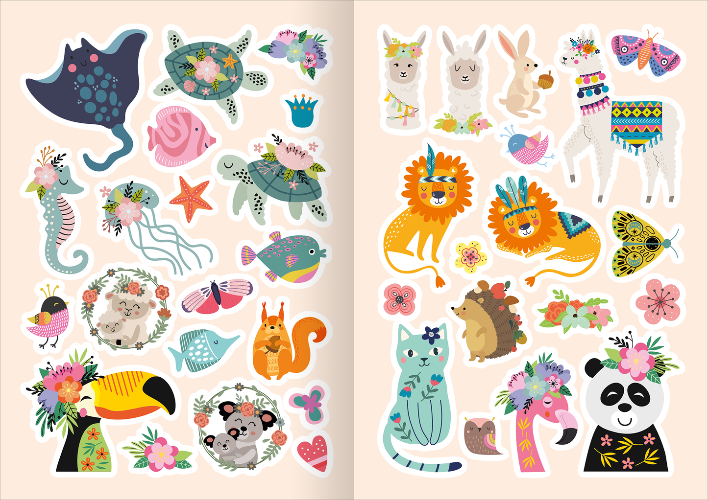 Gezeigt wird eine Innen- oder Zusatzansicht von „Diamant-Stickerspaß Tiere“. Die Seite präsentiert eine bunte Auswahl von Tierstickern, darunter Löwen, Koalas, Schildkröten und Seepferdchen, die liebevoll mit floralen Motiven verziert sind. Die Farben sind lebhaft und vielfältig, von kräftigem Orange bis zu sanftem Blau und Grün. Die Typografie in den Visuellen Elementen ist verspielt und kindgerecht gestaltet, was zur insgesamt fröhlichen und ansprechenden Atmosphäre beiträgt.