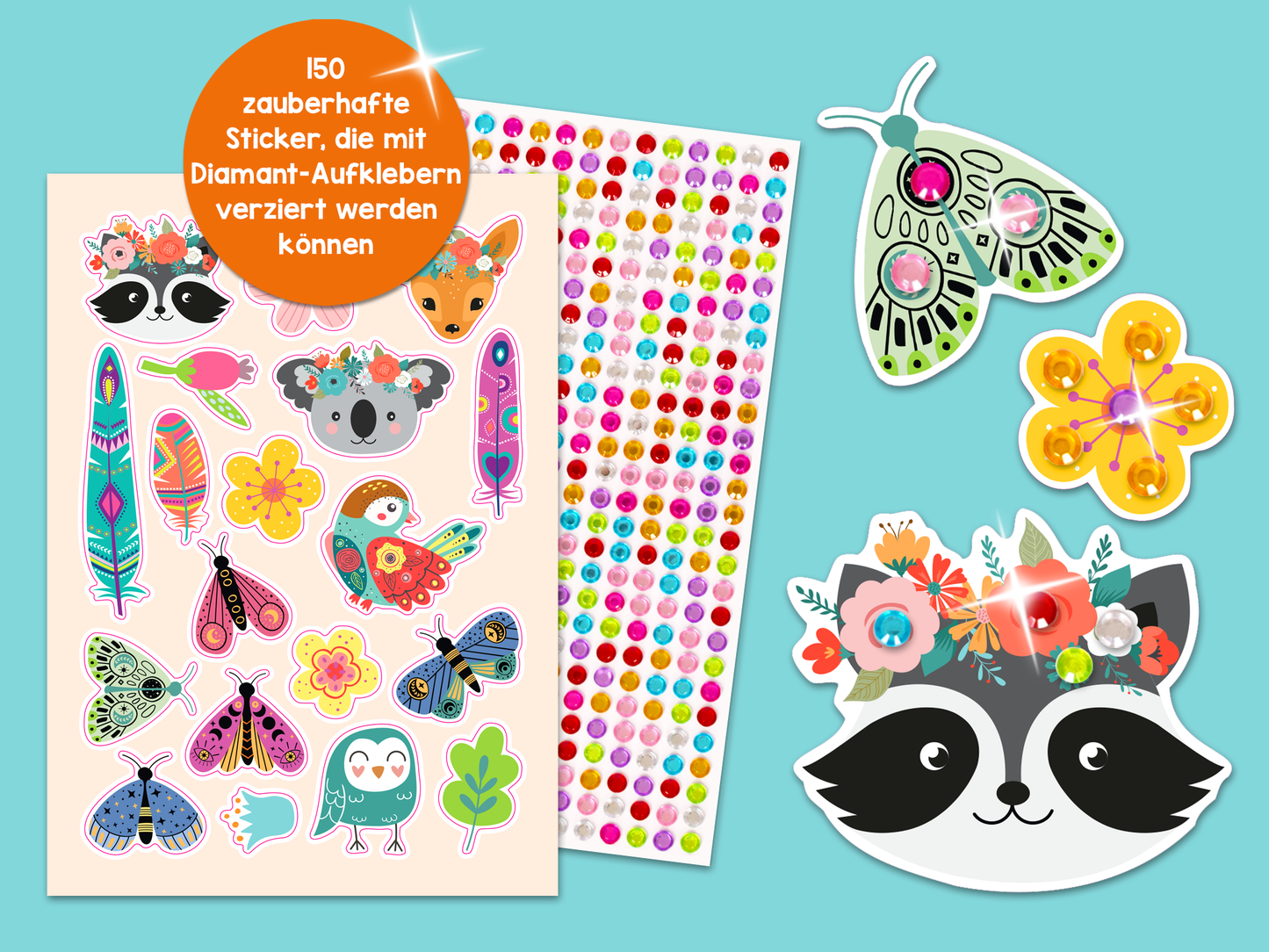 Gezeigt wird eine Innen- oder Zusatzansicht von „Diamant-Stickerspaß Tiere“. Die Ansicht zeigt eine Vielzahl bunter Sticker, darunter Tiere wie Koalas und Eulen sowie Pflanzen und Blumen. Die Sticker haben fröhliche Farben wie Pink, Blau und Grün. Ein hervorgehobenes rundes Element informiert über „150 zauberhafte Sticker, die mit Diamant-Aufklebern verziert werden können“. Zudem sind glitzernde Aufkleber in verschiedenen Farben abgebildet, die zum Gestalten einladen.