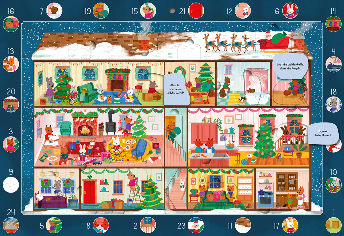 Das Buchcover zeigt ein winterliches Szenario mit einem farbenfrohen, festlich dekorierten Haus, umgeben von Schnee und Tannenbäumen. In den einzelnen Räumen sind verschiedene Tiere abgebildet, die Weihnachtsaktivitäten ausführen, wie Geschenke um den Kamin und einen festlich geschmückten Baum. Die Atmosphäre ist warm und einladend. In der oberen rechten Ecke befindet sich ein SPIEGEL-Bestseller-Button mit dem Text „SPIEGEL Bestseller“. Ganz unten mittig steht der Logoschriftzug von...