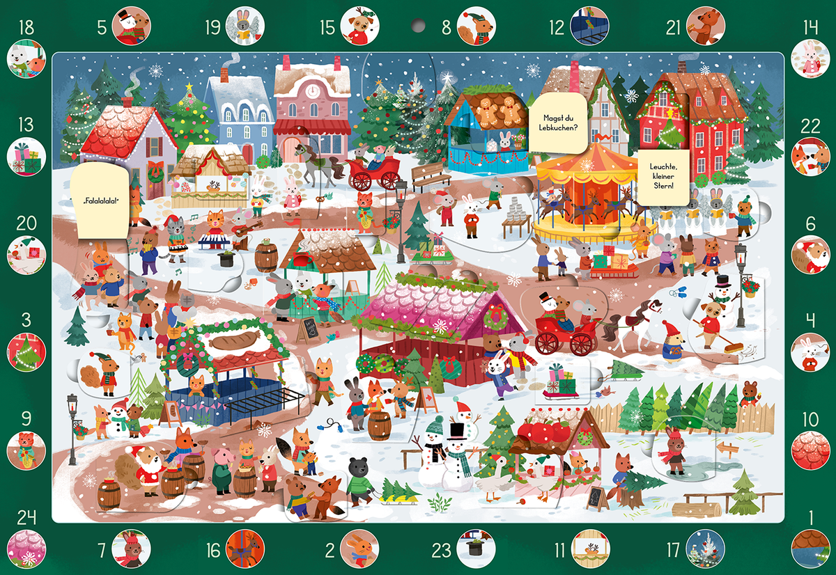 Das Buchcover zeigt eine lebendige Winterlandschaft mit einem festlichen Weihnachtsmarkt. Bunte Häuschen, schneebedeckte Bäume und viele tierische Charaktere beleben die Szenerie. In der Mitte befindet sich ein Karussell, umgeben von fröhlichen Menschen und Tieren. Die Farben sind klar und leuchtend, mit viel Rot, Grün und Weiß. Ein SPIEGEL-Bestseller-Button oben links zeigt den Text „SPIEGEL-Bestseller“. Ganz unten mittig steht der Logoschriftzug von arsEdition.