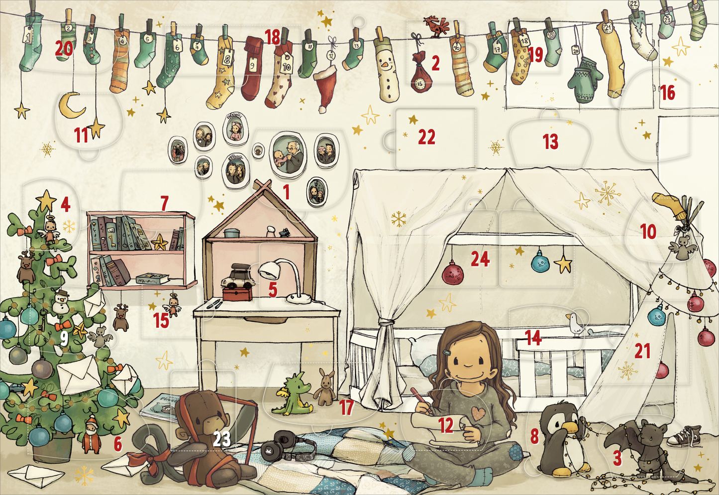Der Wandkalender zeigt Anouks Kinderzimmer, dekoriert mit einer Vielzahl von Weihnachtsstrümpfen, die an einer Schnur hängen. In einer gemütlichen Ecke sitzt ein lächelndes Mädchen mit langen braunen Haaren, das einen Stift und ein Blatt Papier in den Händen hält. Der Raum ist in sanften Pastellfarben gehalten und wird von einem kleinen Weihnachtsbaum sowie liebevoll platzierten Spielzeugen geschmückt. Zudem ist der Kalender mit goldenen Sternen verziert und enthält 24 Türchen zum...