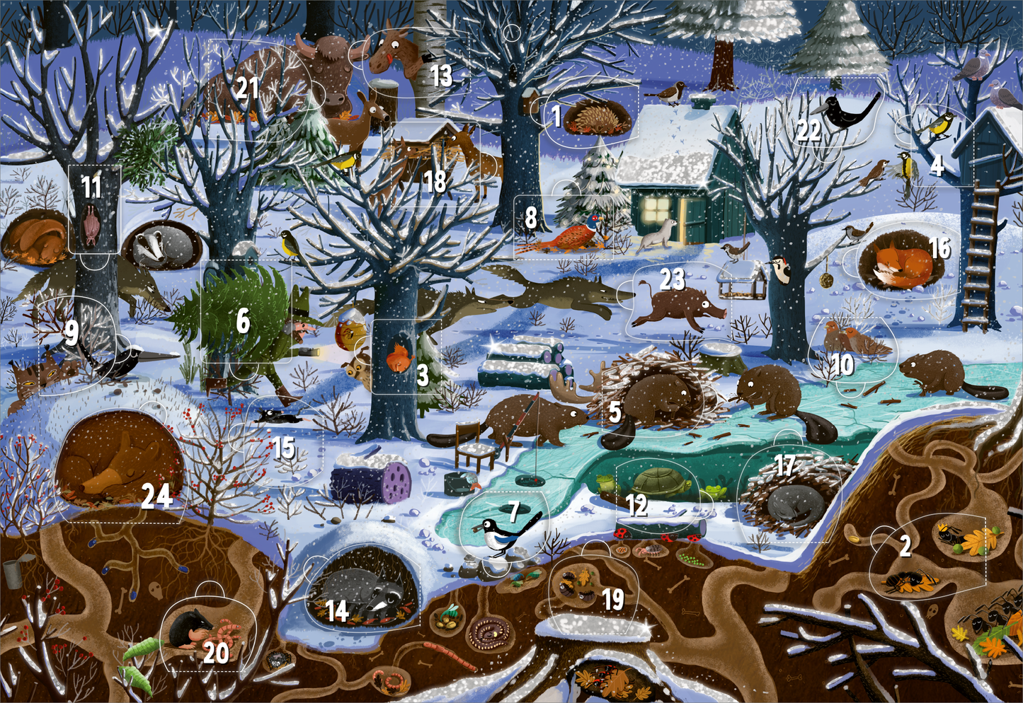 Das Buchcover zeigt ein winterliches Waldszenario mit schneebedeckten Bäumen, einem kleinen Holzhaus im Hintergrund und einer lebendigen Tierwelt, darunter verschiedene Tiere wie Igel, Vögel, Biber und einen Fuchs. Die Farbpalette umfasst kühle Blautöne und warme Erdtöne, was zusammen mit dem Schnee eine behagliche, winterliche Atmosphäre erzeugt. Zudem enthält der Adventskalender 24 Türchen zum Öffnen.