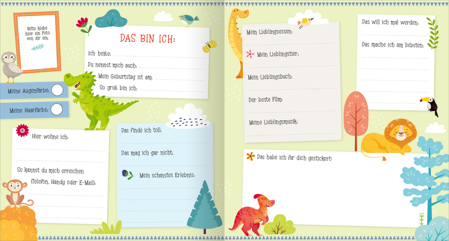 Gezeigt wird eine Innen- oder Zusatzansicht von „Alle meine Freunde – Dino | Mit über 300 Stickern“. Die Doppelseite ist in sanften, pastelligen Farben gestaltet und zeigt verschiedene freundlich illustrierte Tiere wie einen Dinosaurier, einen Löwen und einen Affen. Oben befindet sich ein Bereich mit der Überschrift „DAS BIN ICH“, gefolgt von leeren Textfeldern. Die Typografie ist klar und kinderfreundlich, mit bunten Akzenten, die den spielerischen Charakter des Buches...