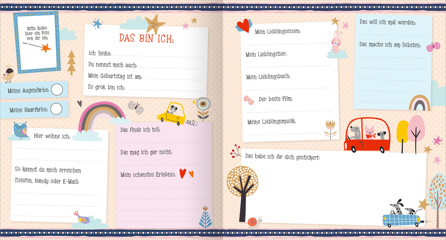 Gezeigt wird eine Innen- oder Zusatzansicht von „Alle meine Freunde – Dino | Mit über 300 Stickern“. Die Seite enthält ein verspieltes Design mit bunten, kindgerechten Illustrationen, darunter Sterne, Regenbögen, Fahrzeuge und Tiere. Auf pastellfarbenen Hintergründen stehen strukturierte Textfelder, versehen mit handschriftähnlicher Typografie. Die Elemente laden dazu ein, persönliche Informationen einzutragen, und vermitteln eine fröhliche, einladende Atmosphäre.