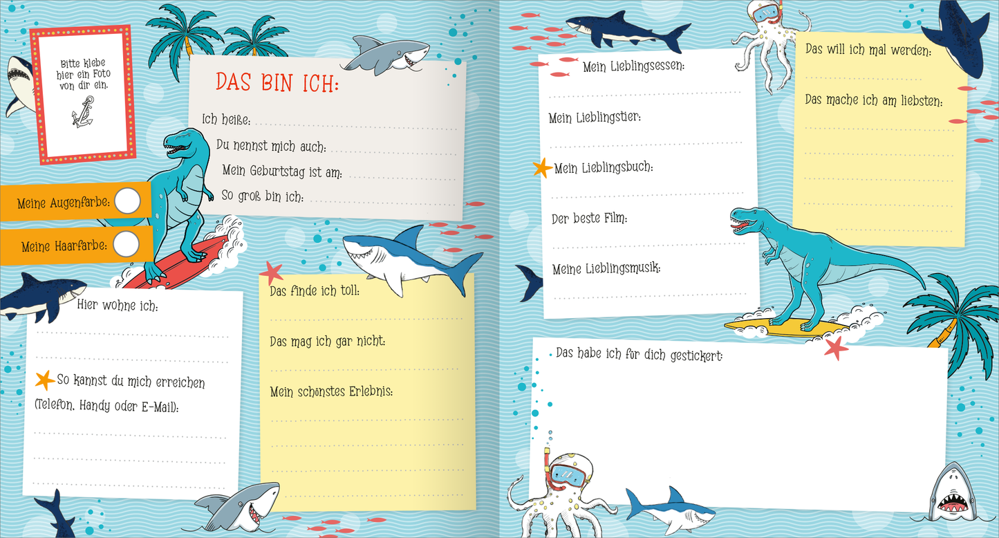 Gezeigt wird eine Innen- oder Zusatzansicht von „Alle meine Freunde – Dino | Mit über 300 Stickern“. Die Seite ist bunt gestaltet mit einem hellblauen Hintergrund, auf dem farbenfrohe Illustrationen von Dinos und Meerestieren zu sehen sind. Es gibt Bereiche zum Ausfüllen, insgesamt in Rot und Gelb gehalten, mit der Überschrift „DAS BIN ICH:“. Die Typografie ist spielerisch und gut lesbar, was die Interaktivität und den Spaß für Kinder fördert.