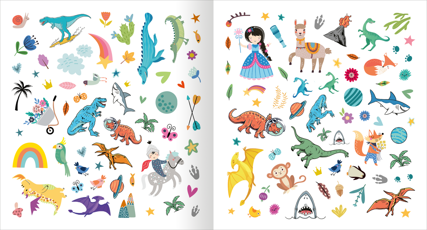 Gezeigt wird eine Innenansicht von „Alle meine Freunde – Dino | Mit über 300 Stickern“. Die Abbildung präsentiert eine bunte Anordnung von verschiedenen Stickern, darunter Dinosaurier, weitere verschiedene Tiere und fantasievolle Figuren. Die Farben sind lebhaft und diverse, mit Blau-, Grün- und Rottönen, ergänzt durch fröhliche Elemente wie Regenbögen, Blumen und Sterne.