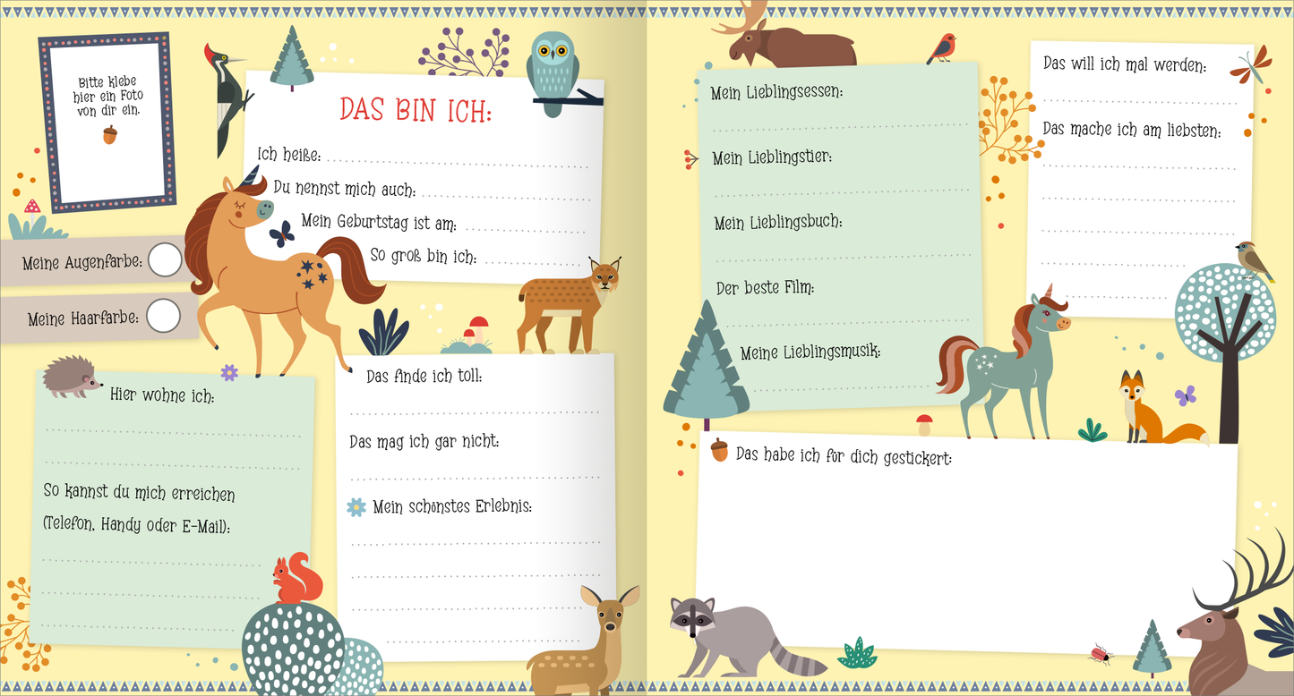 Gezeigt wird eine Innenansicht von „Alle meine Freunde – Einhorn | Mit über 300 Stickern“. Die Doppelseite präsentiert eine fröhliche Gestaltung mit Illustrationen von Tieren, Bäumen und bunten Details. Auf beiden Seiten befinden sich linierte Textfelder mit Fragen zur eigenen Person, wie „Das bin ich“ und „Mein Lieblingsessen“. In der linken oberen Ecke ist Platz für ein Foto. Auf der rechten Seite befindet sich in der unteren Hälfte ein leeres, weißes Feld, in das man...