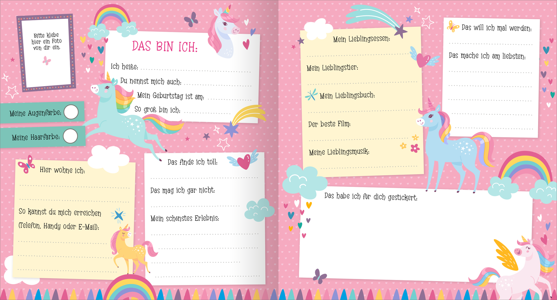 Gezeigt wird eine Innenansicht von „Alle meine Freunde – Einhorn | Mit über 300 Stickern“. Die Seite ist in sanften Rosa-, Blau- und Gelbtönen gehalten und zeigt Einhörner, Regenbögen und Wolken. Zusätzlich zieren kleine Herzen und Sterne die Doppelseite. Auf beiden Seiten befinden sich linierte Textfelder mit Fragen zur eigenen Person, wie „Das bin ich“, „Mein Lieblingsessen“ und „Das will ich mal werden“. In der linken oberen Ecke ist Platz für ein Foto. Auf der...