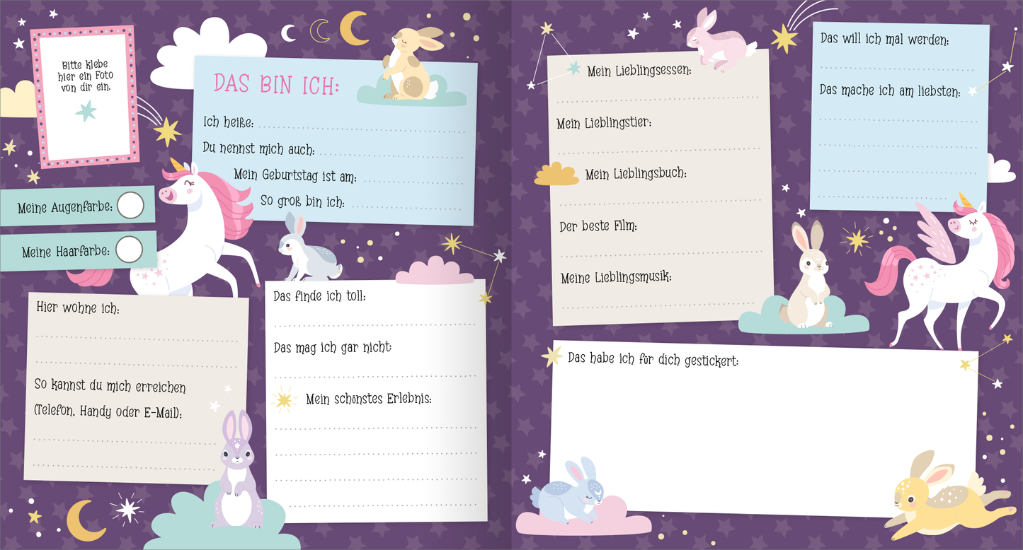 Gezeigt wird eine Innenansicht von „Alle meine Freunde – Einhorn | Mit über 300 Stickern“. Die Seite ist von einem lila Hintergrund mit glitzernden Sternen und bunten Wolken geprägt. Über die Doppelseite verteilt, befinden sich liebevoll gestaltete Illustrationen von Einhörnern und Kaninchen. Links steht „DAS BIN ICH“ in pinker Schrift, umrahmt von einem hellblauen Kästchen für persönliche Angaben. Daneben ist ein pinkgerahmter Platz für ein Foto. Weitere Textfelder bieten...