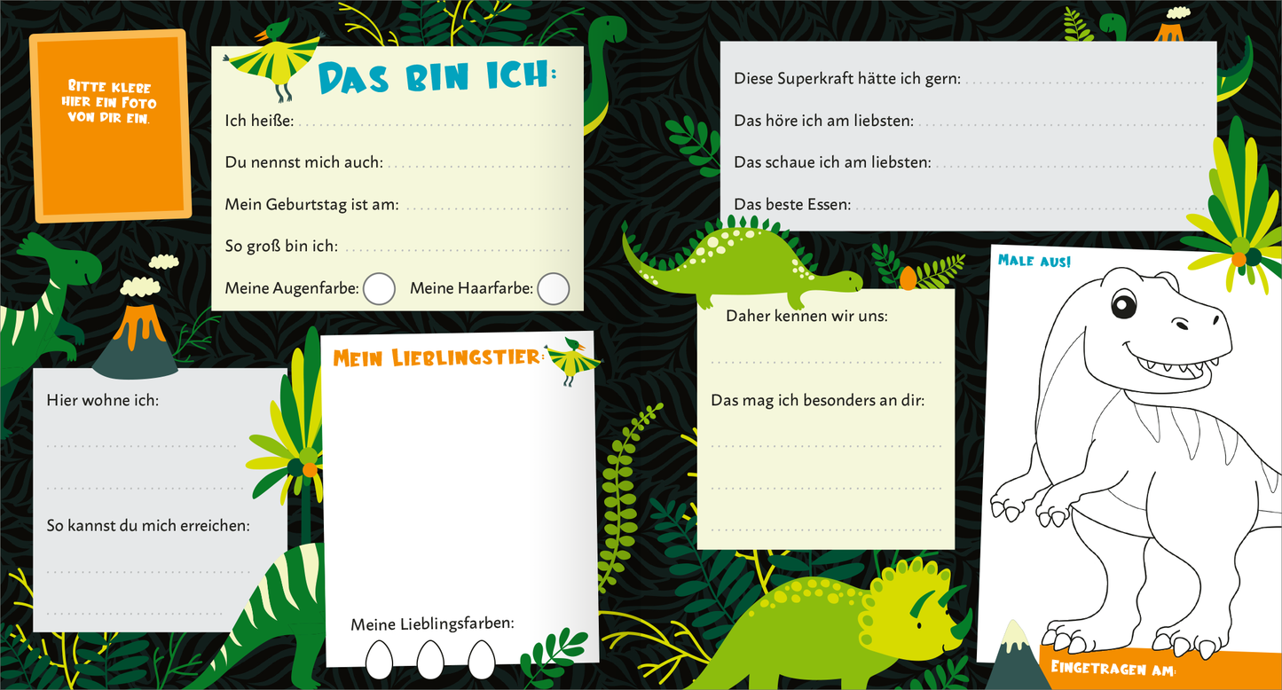 Gezeigt wird eine Innen- oder Zusatzansicht von „Meine Freunde – Dino“. Die Seite ist dunkelgrün mit bunten, dinosaurierähnlichen Illustrationen und tropischen Pflanzen. In verschiedenen Textfeldern, die in lebhaften Farben wie Gelb und Orange abgesetzt sind, können persönliche Informationen eingegeben werden. Die Typografie ist kinderfreundlich und verspricht ein spielerisches Design. Die Elemente sind übersichtlich angeordnet, um eine einfache Lesbarkeit und Nutzung zu...
