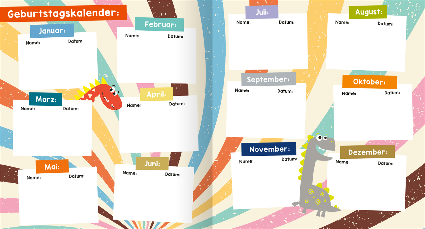 Gezeigt wird eine Innenansicht von „Meine Freunde – Dino“. Der Geburtstagskalender präsentiert sich mit einem bunten, kreisförmigen Hintergrund in Pastelltönen. Jede Monatsüberschrift ist in lebhaftem Blau, Orange oder Grün gehalten. Zu den zentralen Elementen gehören Platzhalter für Namen und Daten in klarer, gut lesbarer Schrift. Links und rechts sind niedliche Dinosaurier-Illustrationen platziert, die das Layout auflockern und eine fröhliche, kinderfreundliche Atmosphäre...