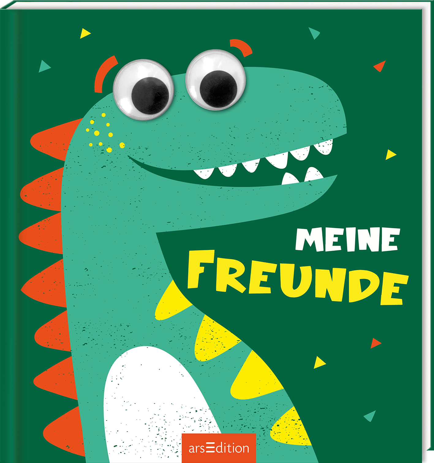 Das Buchcover zeigt einen großen, lachenden Dinosaurier in kräftigen Grüntönen mit großen, witzigen Augen. Der Hintergrund ist in einem dunklen Grünton gehalten, auf dem farbige geometrische Formen in Gelb und Rot akzentuierend platziert sind. Der Titel „MEINE FREUNDE“ steht in fetter, weißer Schrift deutlich sichtbar unterhalb des Dinosaurierkopfes. Ganz unten mittig steht der Logoschriftzug von arsEdition.