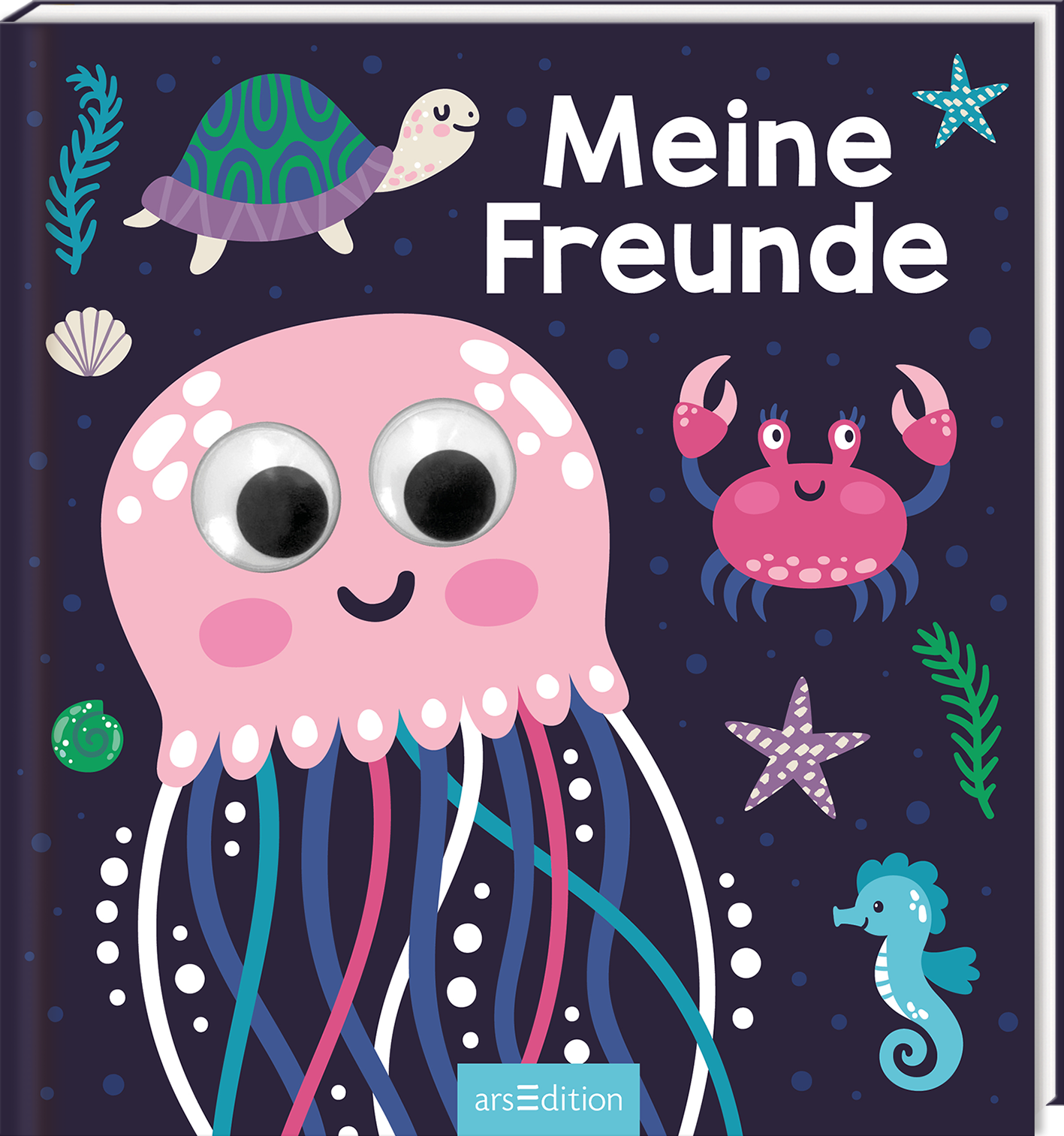 Das Buchcover zeigt auf einem tiefblauen Hintergrund eine niedliche, rosa Quallenfigur mit großen Wackelaugen, die bunte Tentakel hat. Um sie herum sind verschiedene Meeresbewohner wie eine grüne Schildkröte, ein roter Krebs und ein Seepferdchen sowie seesternartige Motive und Pflanzen abgebildet. Der Titel 'Meine Freunde' ist in großen, weißen Buchstaben geschrieben und vermittelt eine fröhliche Atmosphäre. Ganz unten mittig steht der Logoschriftzug von arsEdition.