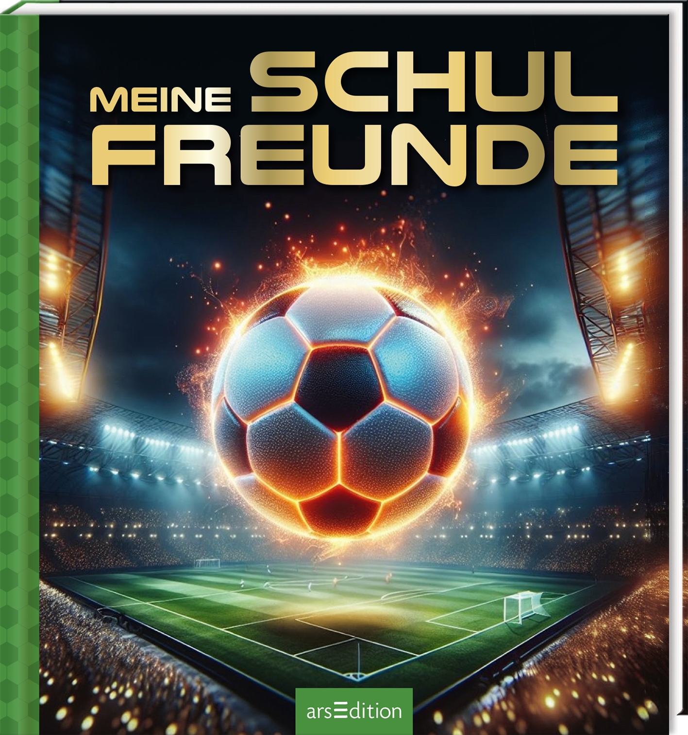 Das Buchcover zeigt einen beeindruckenden Fußball, der vor einem stadionartigen Hintergrund in Flammen steht. Die dominierenden Farben sind Schwarz, Blau und Orange, die eine dynamische und energiegeladene Atmosphäre erzeugen. Der Titel „MEINE SCHUL FREUNDE“ ist in großen, goldenen Buchstaben platziert. In der unteren linken Ecke befindet sich ein SPIEGEL-Bestseller-Button mit dem Text „Bestseller“. Ganz unten mittig steht der Logoschriftzug von arsEdition.