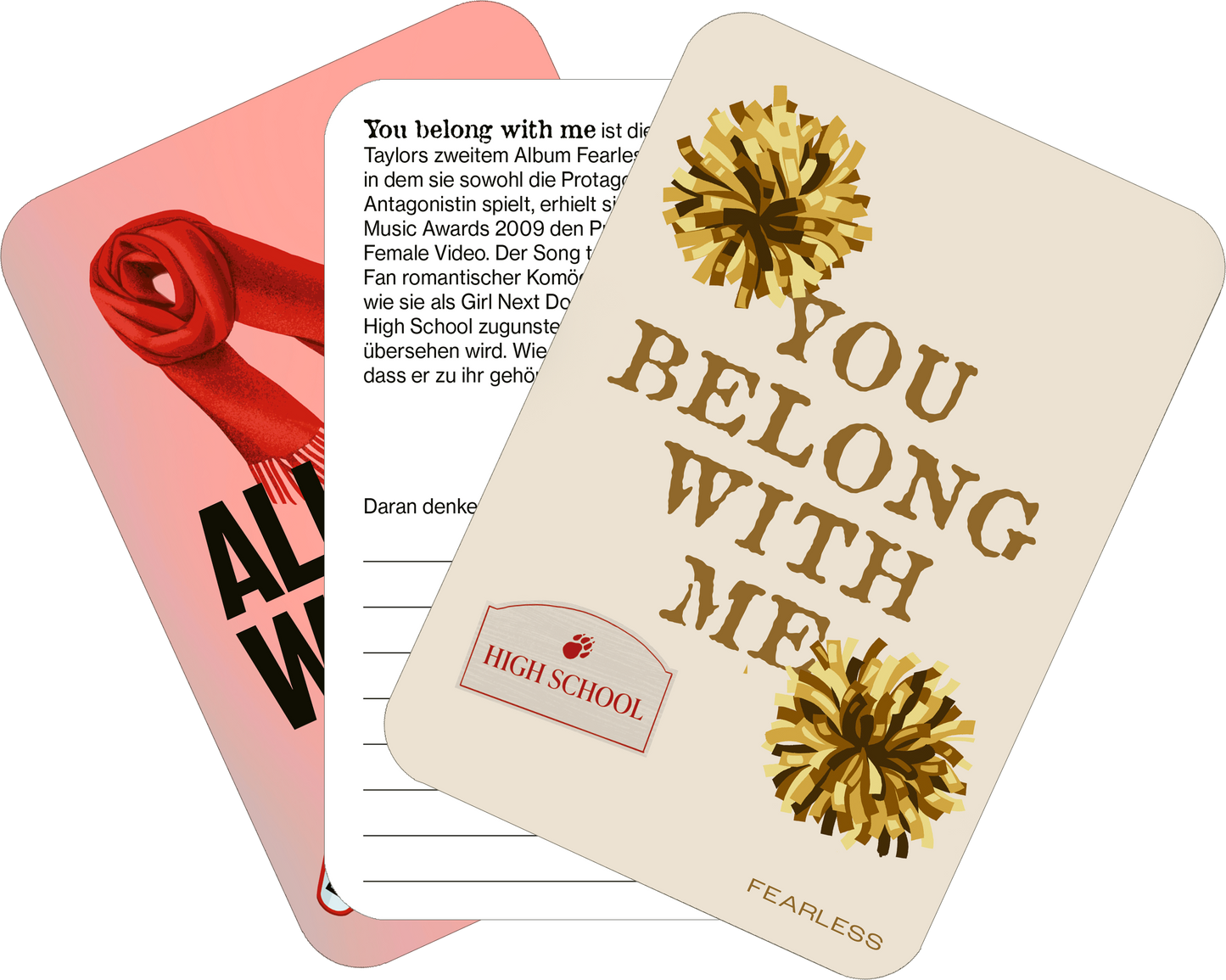 Gezeigt wird eine Innen- oder Zusatzansicht von „Cards of my Heart“. Die Ansicht zeigt mehrere Spielkarten mit verschiedenen Illustrationen. Eine Karte in sanftem Rosa trägt den Text „You belong with me“ in goldener Typografie, umrahmt von goldenen Pompons. Eine weitere Karte in Rot zeigt eine stilisierte Rose. Die Schrift ist klar und gut lesbar, wobei die Vorderseiten der Karten in ansprechenden, lebhaften Farben gestaltet sind, die eine fröhliche und einladende Atmosphäre...