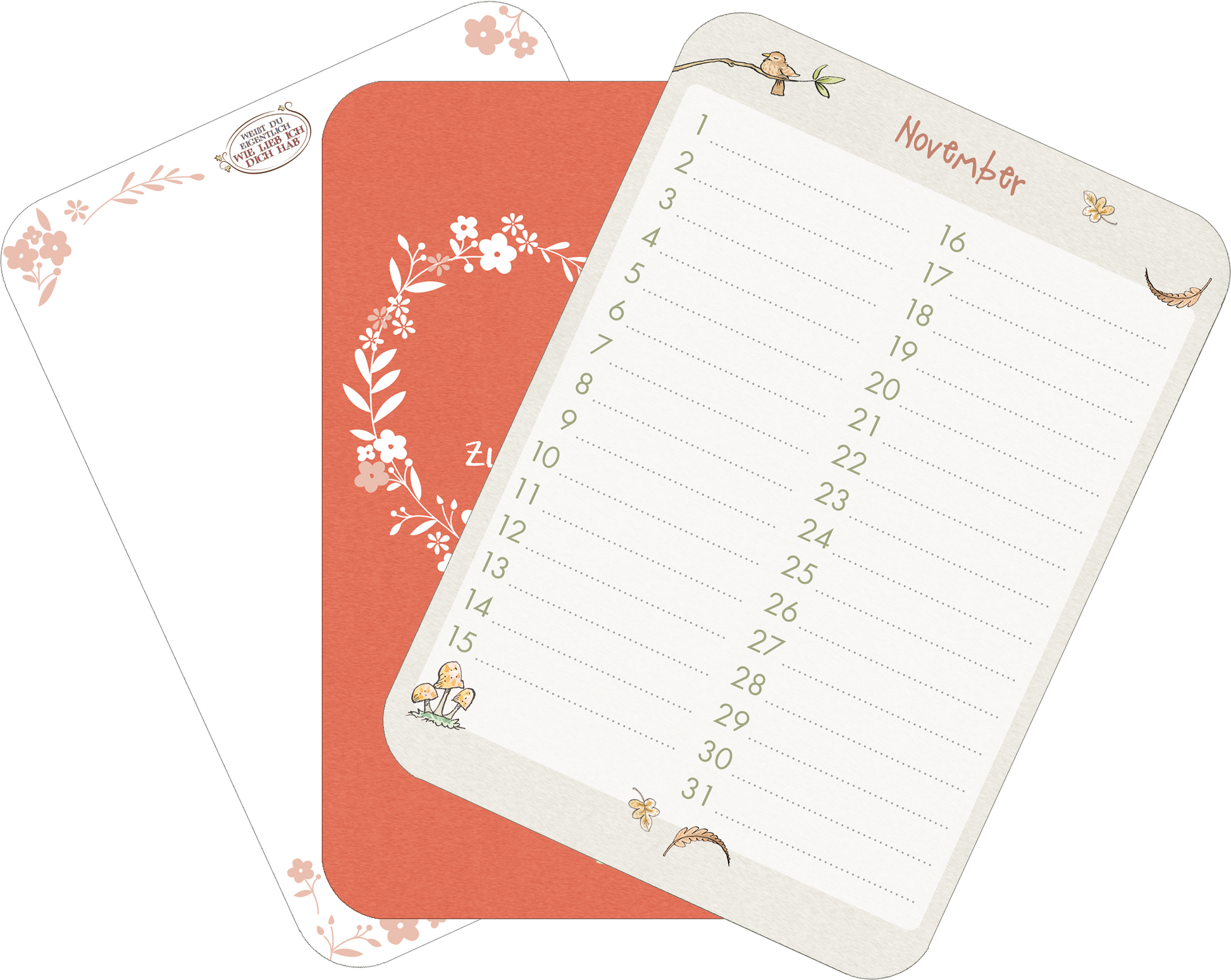 Gezeigt wird eine Innen- oder Zusatzansicht von „Weißt du eigentlich, wie lieb ich dich hab? Geburtstagskalender im Holzständer“. Die Ansicht zeigt ein farbenfrohes Design mit einem blassroten Hintergrund, verziert mit floralen Motiven. Auf der rechten Seite befindet sich der Monatskalender für November in einer klaren, gut lesbaren Schriftart. Das Layout ist harmonisch und einladend, mit verspielten Illustrationen von Blumen und kleinen Tieren, die dem Gesamtbild eine freundliche Note...