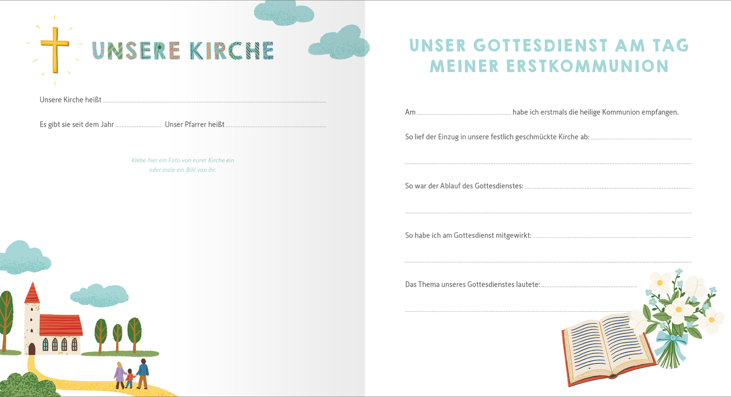 Gezeigt wird eine Innenansicht von „Meine Erstkommunion“. Die Seite links zeigt eine farbenfrohe, handgezeichnete Darstellung einer Kirche mit Bäumen und Wolken in Pastellfarben. Rechts sind die Überschriften „UNSER GOTTESDIENST AM TAG MEINER ERSTKOMMUNION“ und „UNSERE KIRCHE“ in einer freundlichen, leicht verspielten Schriftart dargestellt. Es gibt viel Platz für persönliche Eintragungen, eingeteilt in mehrere Zeilen zur Dokumentation des Gottesdienstes. Illustrative Elemente...