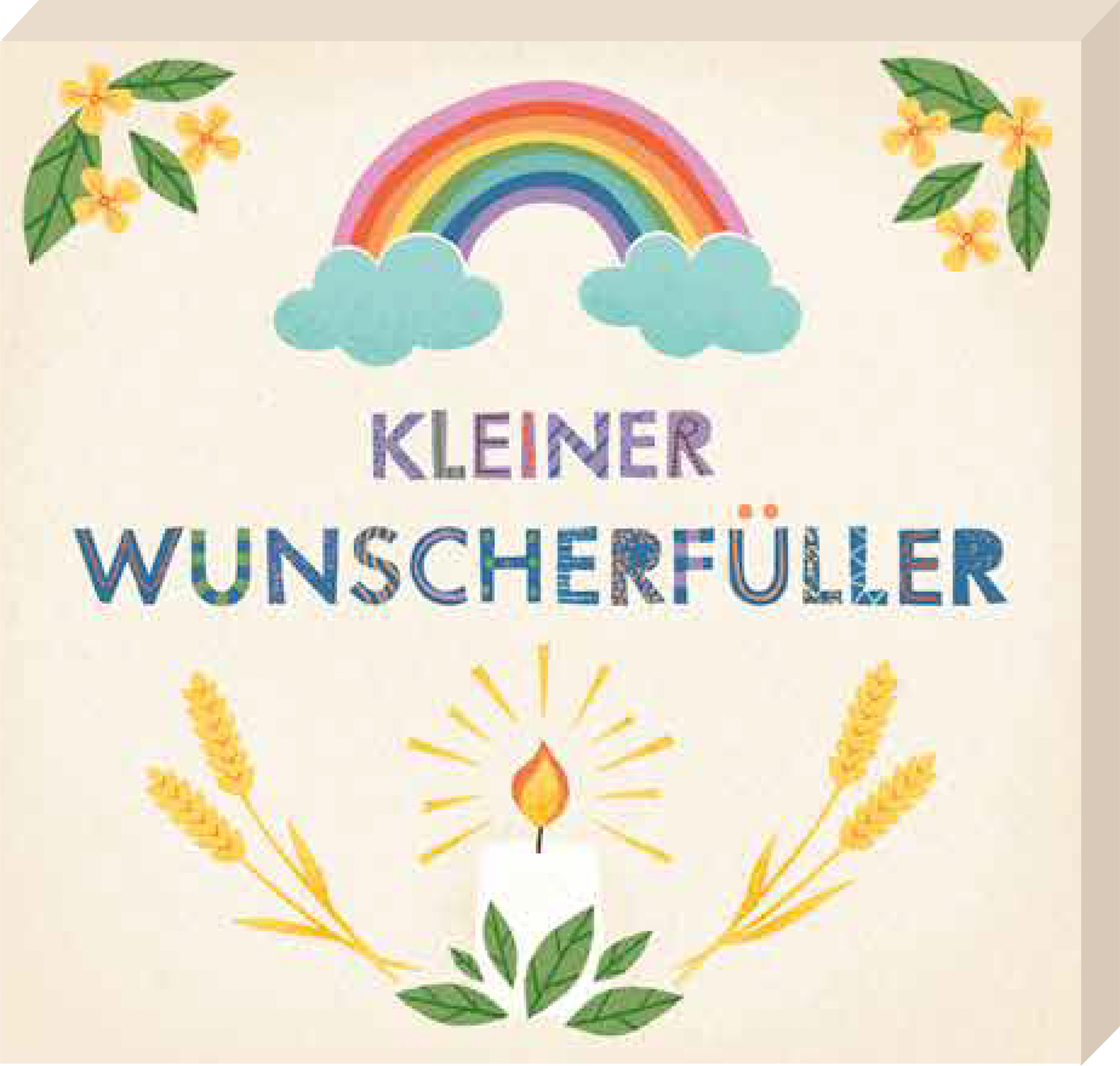 Das Cover zeigt einen fröhlichen Regenbogen über dem Schriftzug „KLEINER WUNSCHERFÜLLER“, der in bunten, vielfältigen Farben gestaltet ist. Umrahmt wird der Titel von zarten Blumen und grünen Blättern. Im unteren Bereich strahlt eine Kerze, von der goldene Strahlen ausgehen, was eine warme Atmosphäre schafft. Oben links sind sanfte Wolken zu sehen. Ganz unten mittig steht der Logoschriftzug von arsEdition.