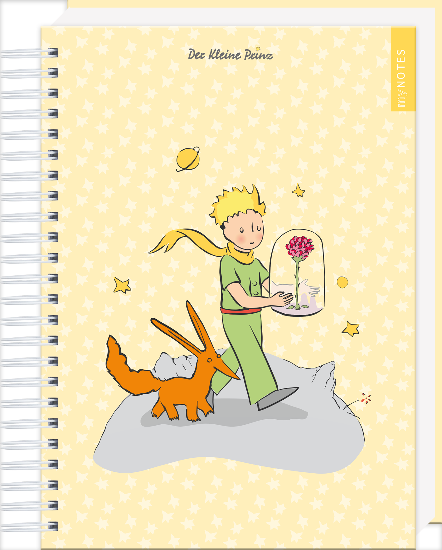 Auf dem Buchcover von „Der kleine Prinz“ ist eine illustrierte Figur eines kleinen Jungen, der kleine Prinz, mit lockigem, blonden Haar zu sehen, der ein Glassturz mit einer Blume in der Hand hält. An seiner Seite läuft ein orangefarbener Fuchs. Der Hintergrund ist in einem sanften Gelbton gehalten, geschmückt mit kleinen, weißen Sternen. Oben links verläuft ein gelbes Banner mit dem Schriftzug „myNOTES“. Ganz unten mittig steht der Logoschriftzug von arsEdition.