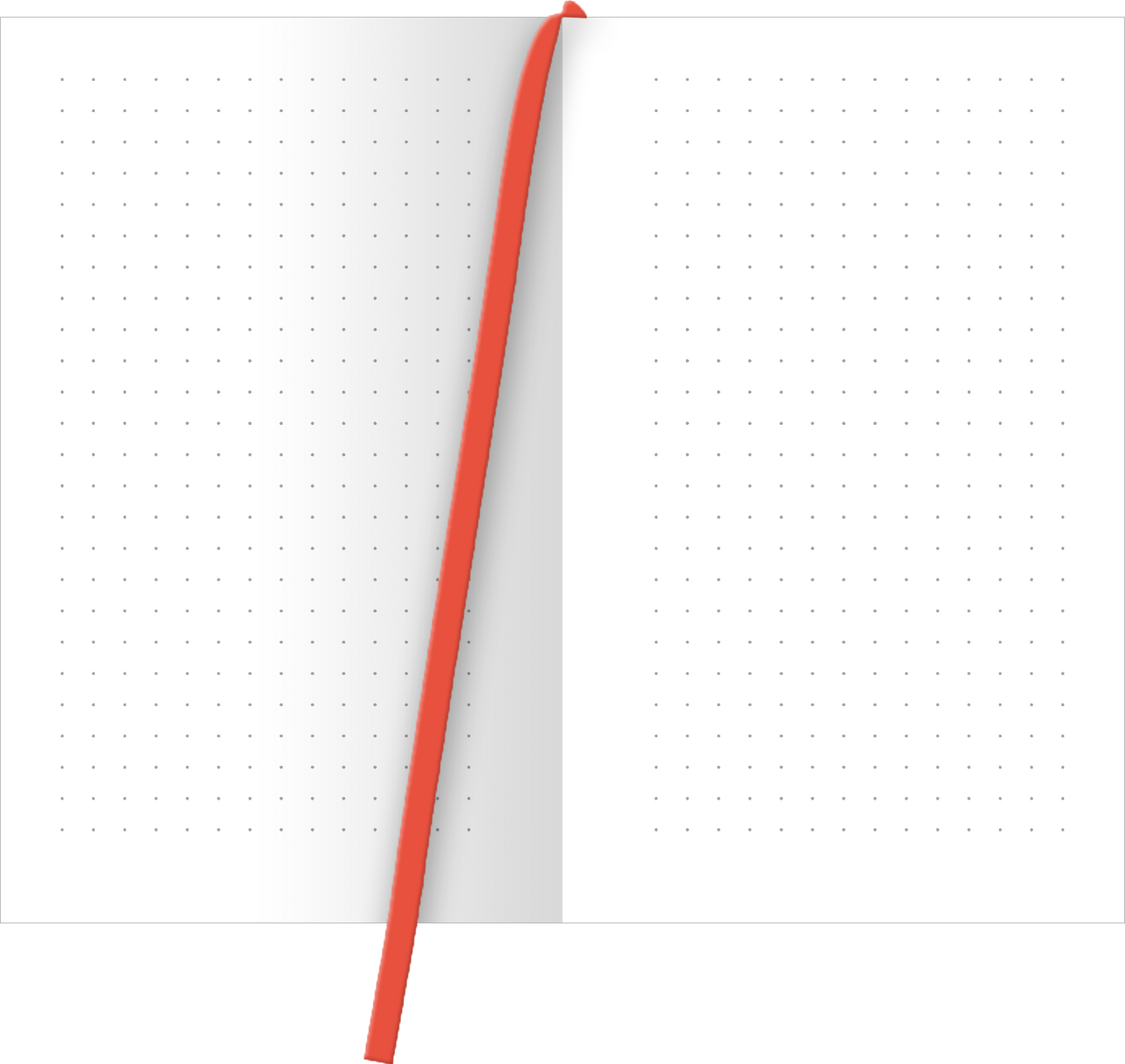 Gezeigt wird eine Innen- oder Zusatzansicht von „myNOTES Papeterie: Der Kleine Prinz Notizbuch A6“. Die Ansicht zeigt zwei leere Seiten mit einem klaren, punktierten Layout, das auf weiße Seiten aufgedruckt ist. Zwischen den Seiten verläuft ein auffälliges, orangefarbenes Leseband. Die Typografie ist schlicht, wodurch der Fokus auf den Schreibflächen bleibt, und die leichten Punkte tragen zur Übersichtlichkeit bei.