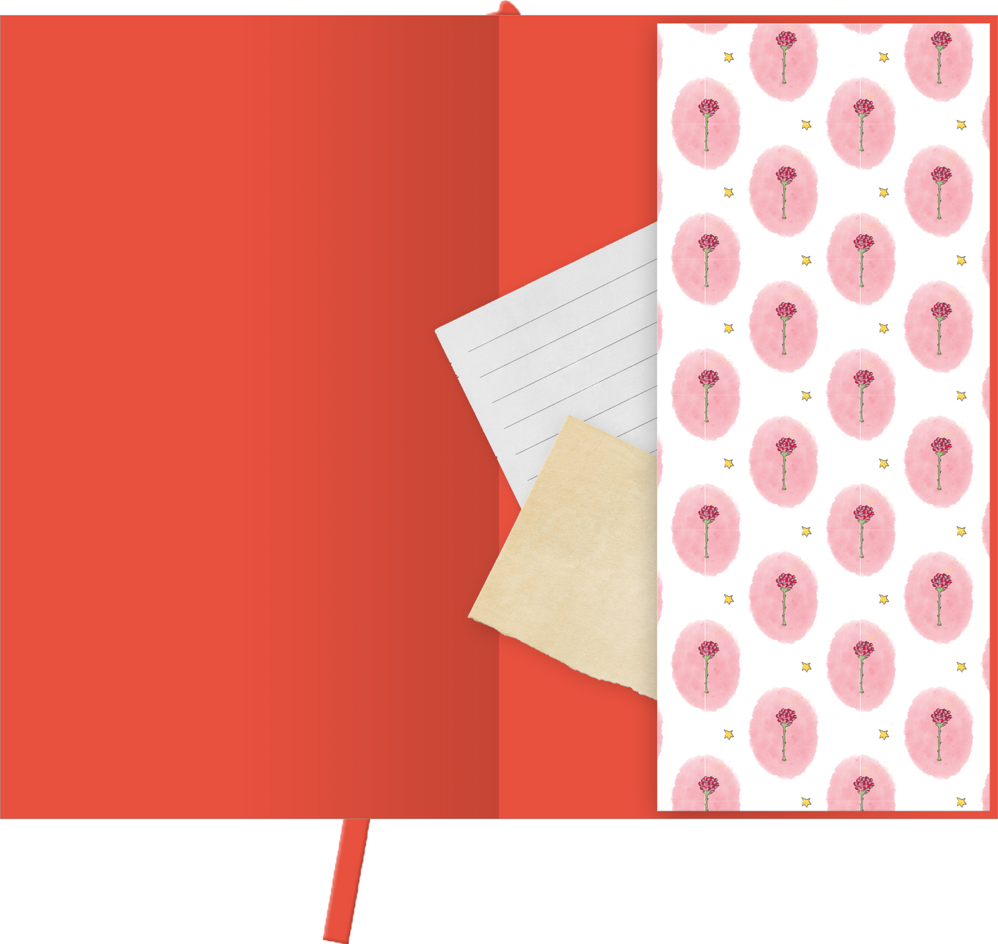 Gezeigt wird eine Innen- oder Zusatzansicht von „myNOTES Papeterie: Der Kleine Prinz Notizbuch A6“. Die Innenseite präsentiert eine kräftige rot-orange Farbe und zeigt ein zartes, florales Muster mit rosa ovalen Motiven und kleinen, goldenen Akzenten. Auf einer beige farbigen Notizkarte sind dünne, elastische Linien abgebildet. Die Typografie ist klar und modern, was die Benutzerfreundlichkeit unterstützt. Ein rotes Lesezeichen verleiht dem Notizbuch einen praktischen Charakter.