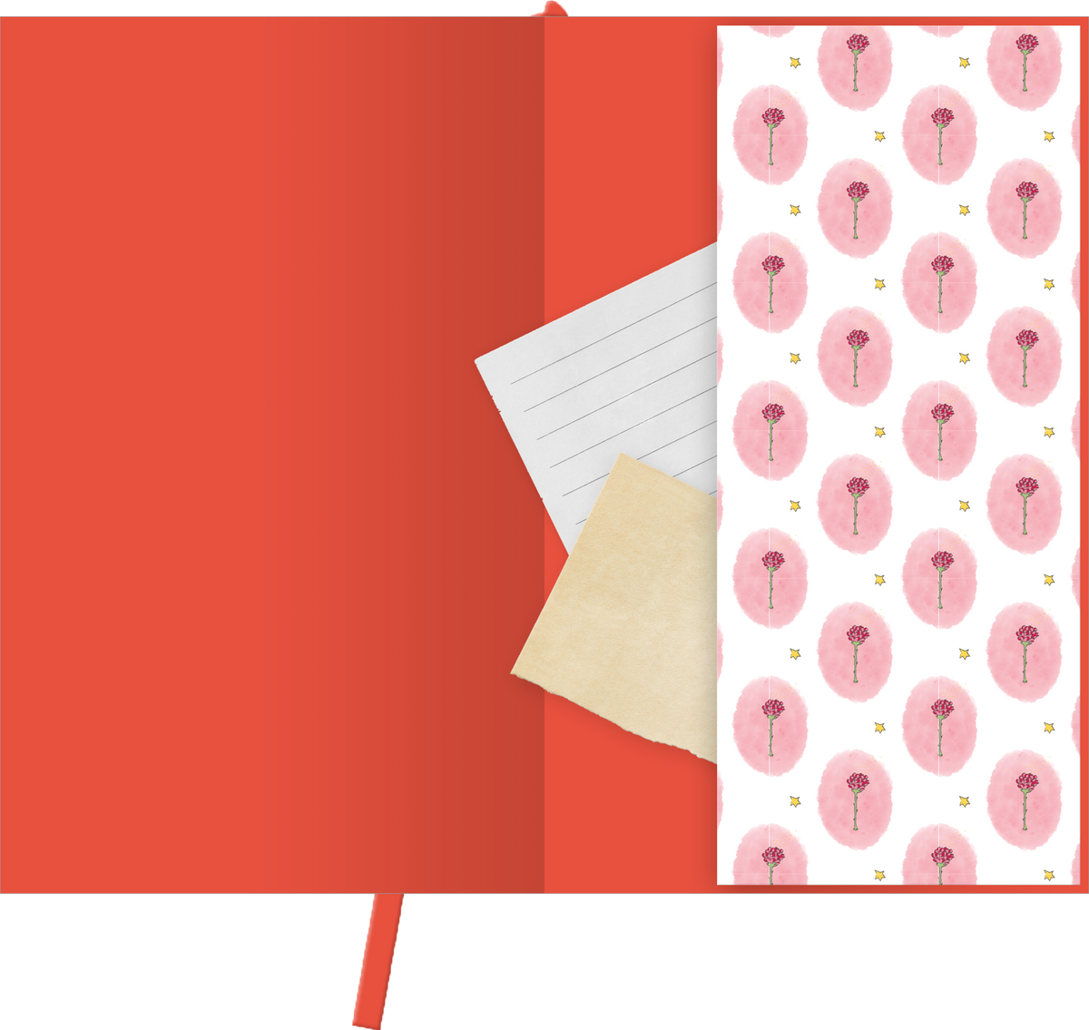 Gezeigt wird eine Innen- oder Zusatzansicht von „myNOTES Papeterie: Der Kleine Prinz Notizbuch A6“. Die Innenseite präsentiert eine kräftige rot-orange Farbe und zeigt ein zartes, florales Muster mit rosa ovalen Motiven und kleinen, goldenen Akzenten. Auf einer beige farbigen Notizkarte sind dünne, elastische Linien abgebildet. Die Typografie ist klar und modern, was die Benutzerfreundlichkeit unterstützt. Ein rotes Lesezeichen verleiht dem Notizbuch einen praktischen Charakter.
