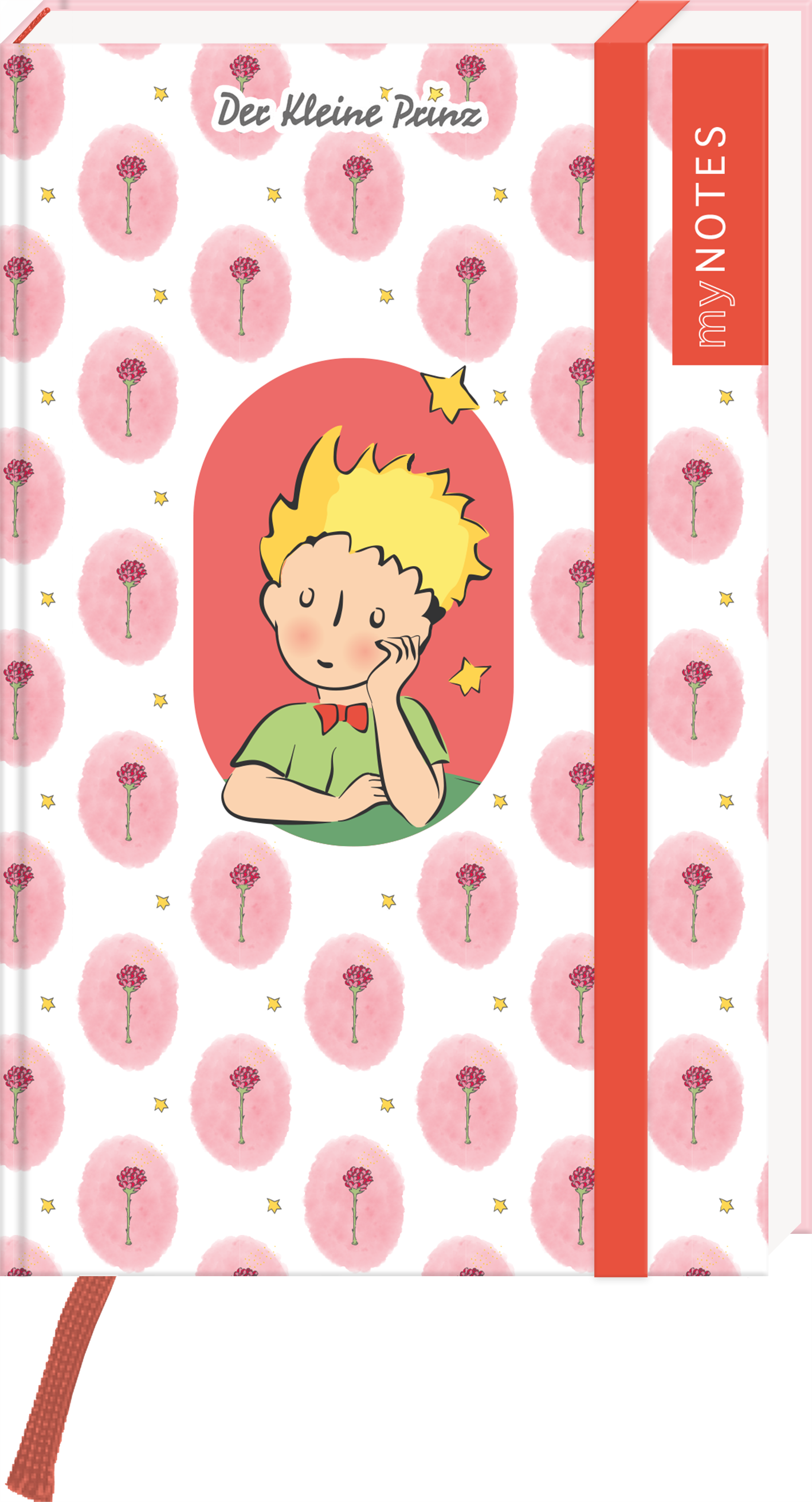 Auf dem Cover ist eine wiederkehrende Blütenmuster mit zarten rosa Tönen zu sehen, die in ovale Kreise eingefasst sind. Im Zentrum thront die Figur des kleinen Prinzen mit gelbem Haar, der mit nachdenklichem Gesichtsausdruck von einem Stern träumt. Der Titel „Der kleine Prinz“ ist in einer verspielten Schriftart direkt oberhalb des Motivs platziert. Oben rechts befindet sich der Hinweis „my NOTES“ auf einem orangefarbenen Hintergrund. Ganz unten mittig steht der Logoschriftzug von...